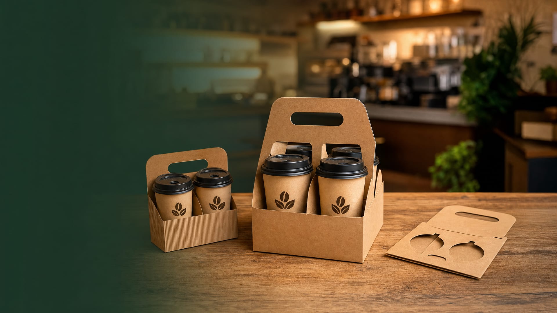 Wholesale paper cup carriers and drink holders — kraft box-style, arch handle, and flat tray formats for coffee shops, food delivery, and events