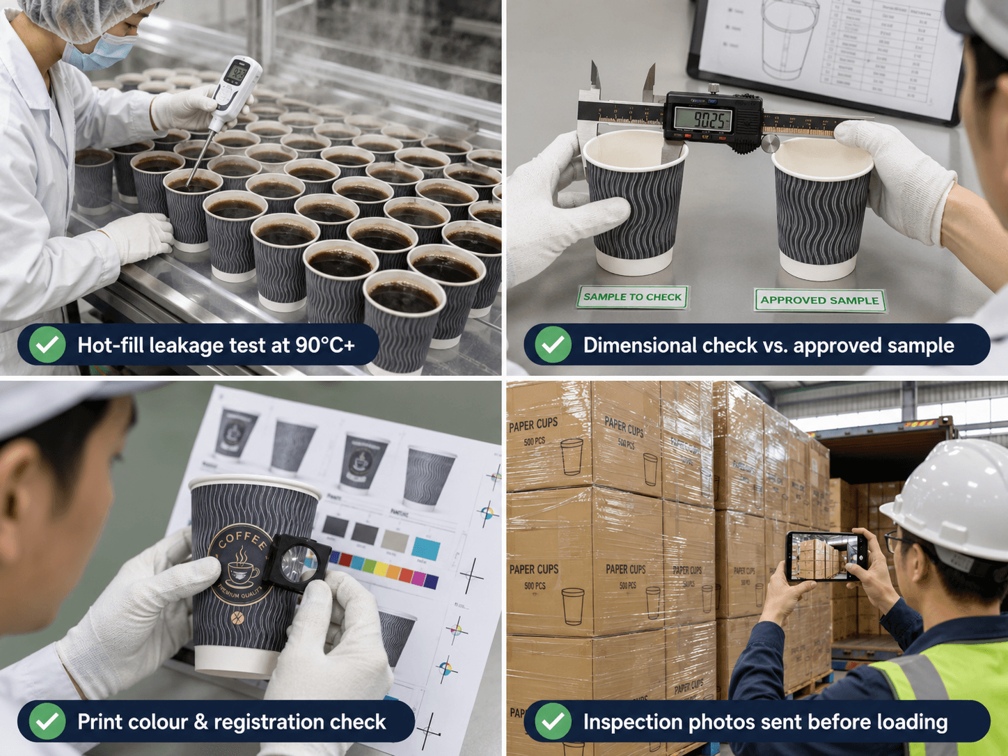 CupsPak pre-shipment inspection — hot-fill leakage test at 90°C+, dimensional check vs approved sample, print colour registration check, and inspection photos sent before container loading