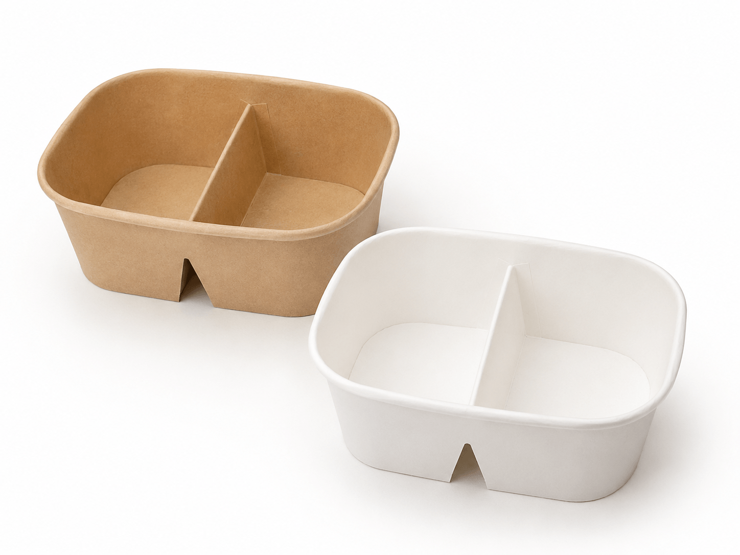 Disposable kraft and white paper bento boxes with 2 internal compartments — multi-compartment rectangular takeout food container for meal prep, QSR, and food delivery
