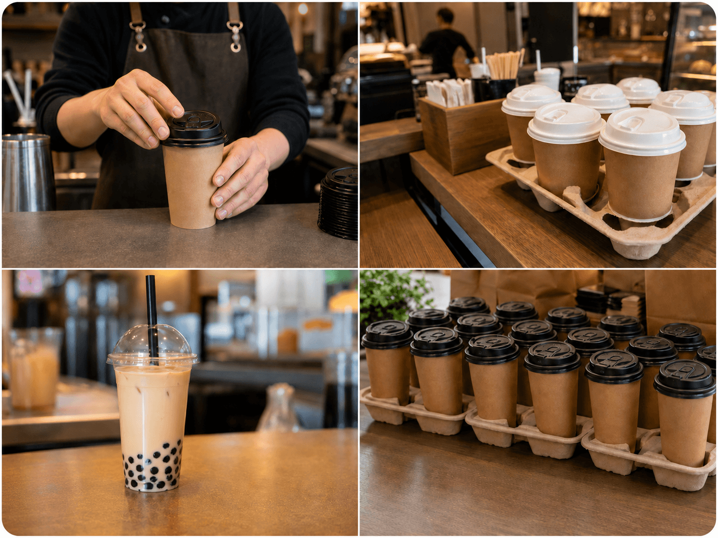 Cup lids in use at coffee shops and beverage service — barista placing dome sipper lid on paper cup