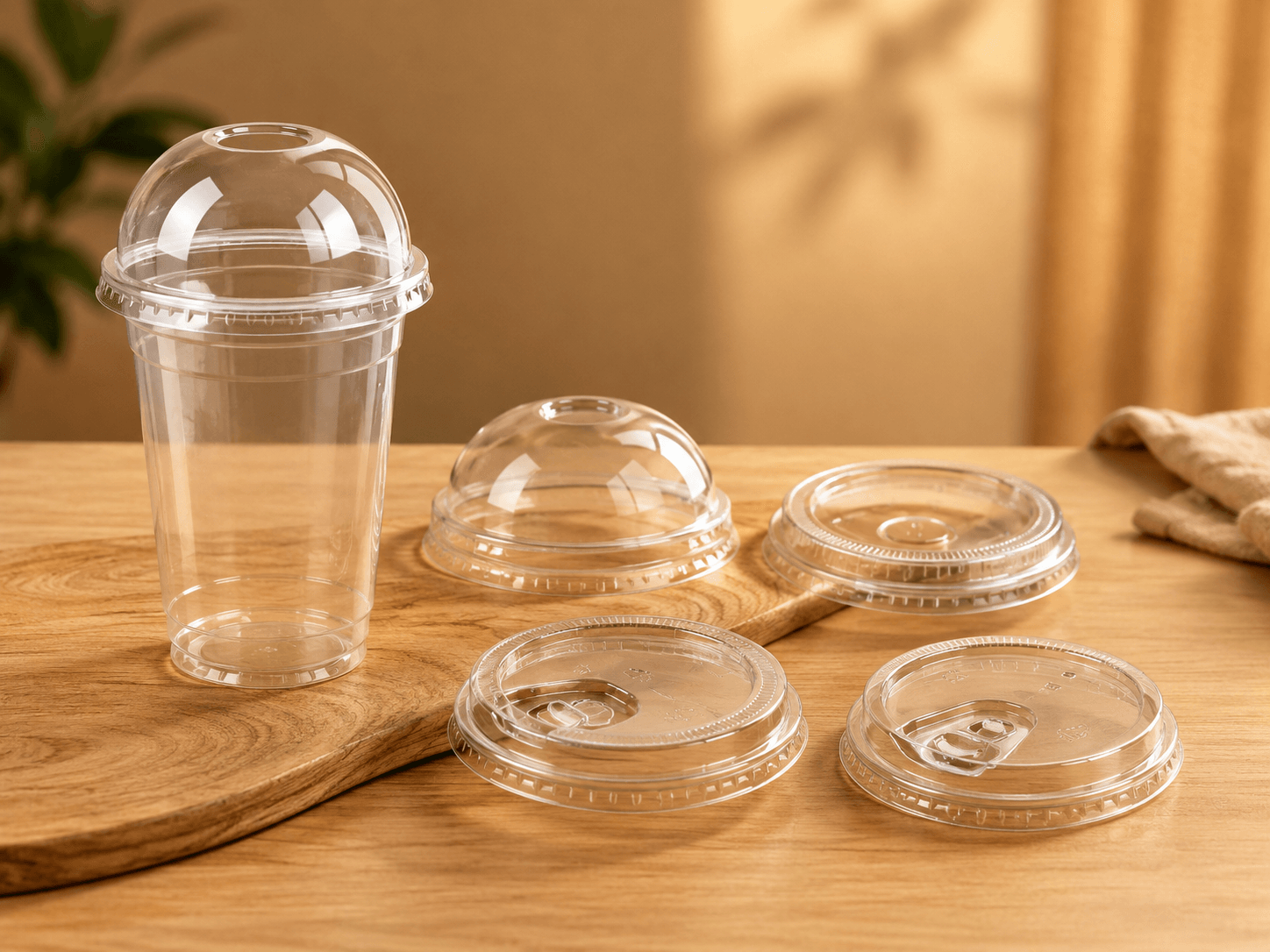 PET cold cup lids — flat lid, dome lid with C-hole, dome lid without hole, and high dome lid for cold drinks