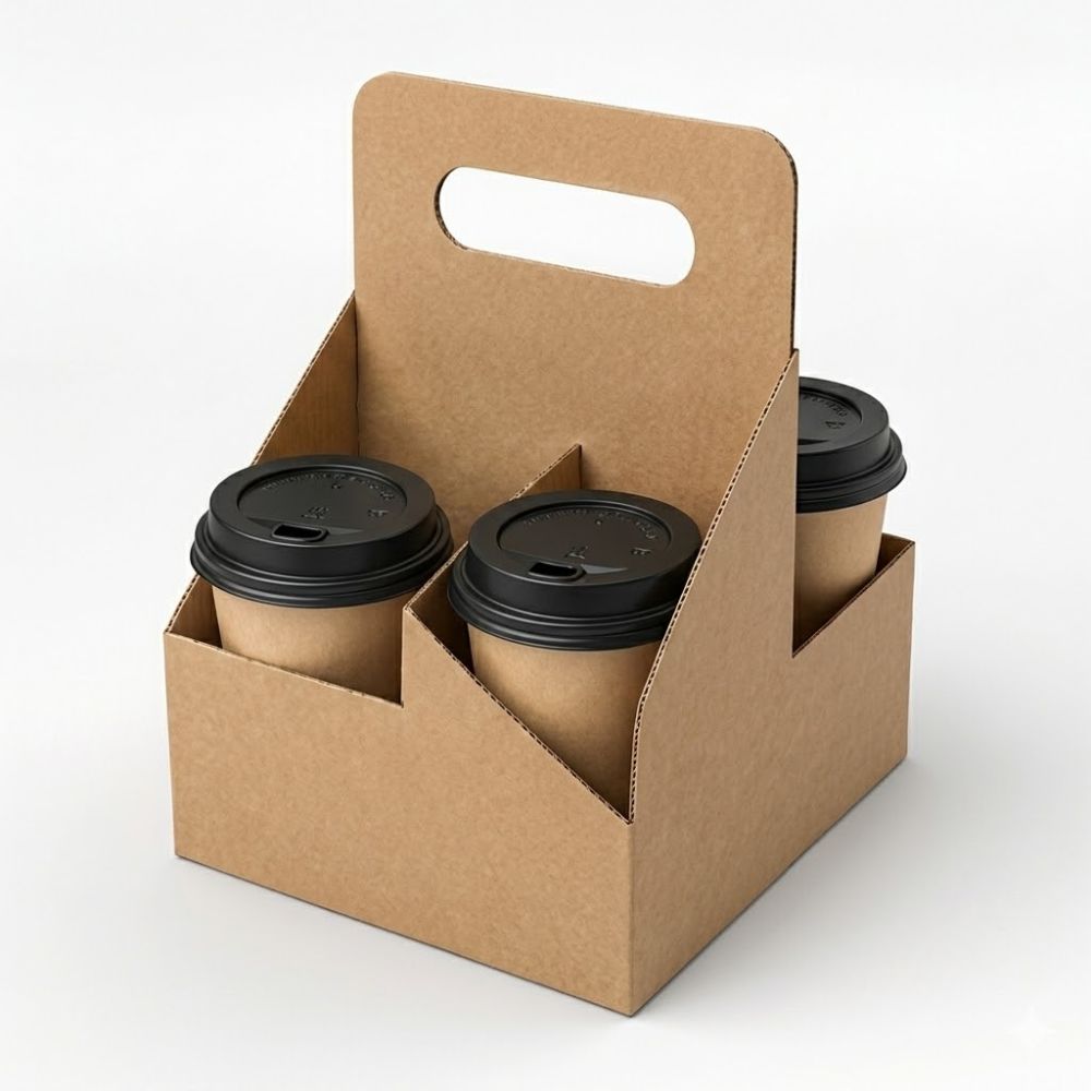 Kraft corrugated 4-cup box-style drink carrier with die-cut handle: CupsPak