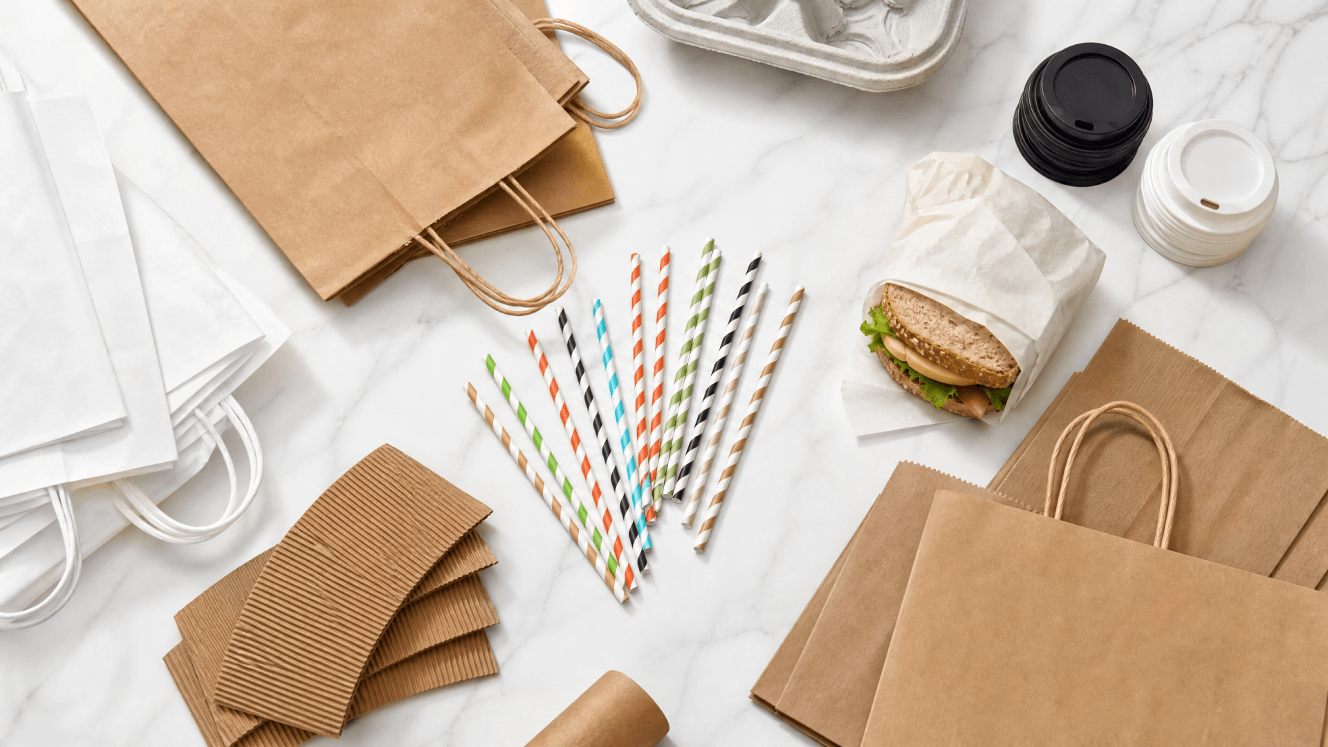Paper bags and accessories collection — kraft paper bags, cup sleeves, straws, deli paper wholesale by CupsPak