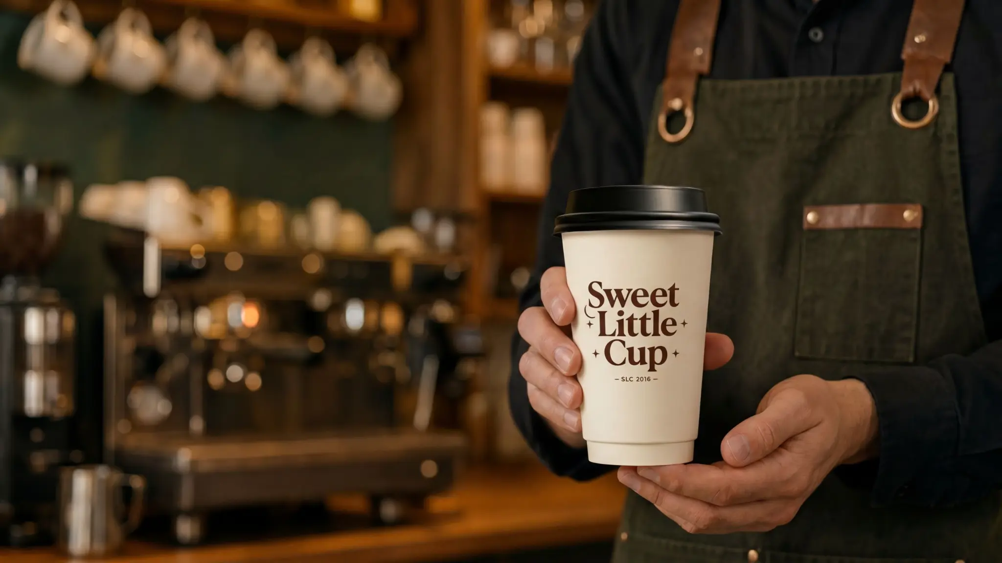 Barista holding a CupsPak Coffee branded double wall paper cup — custom printed insulated coffee cups wholesale
