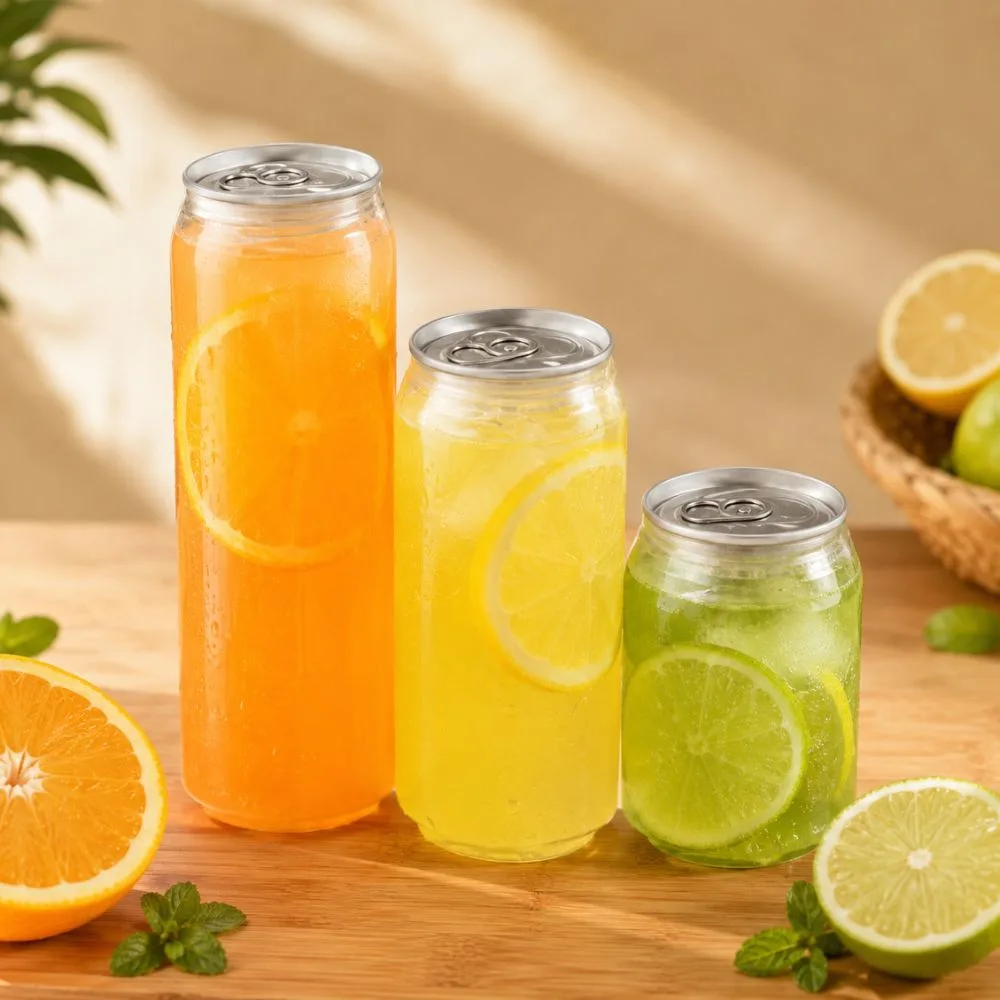 Clear PET plastic cans with ring-pull lids in three sizes side by side, real production cans, CupsPak