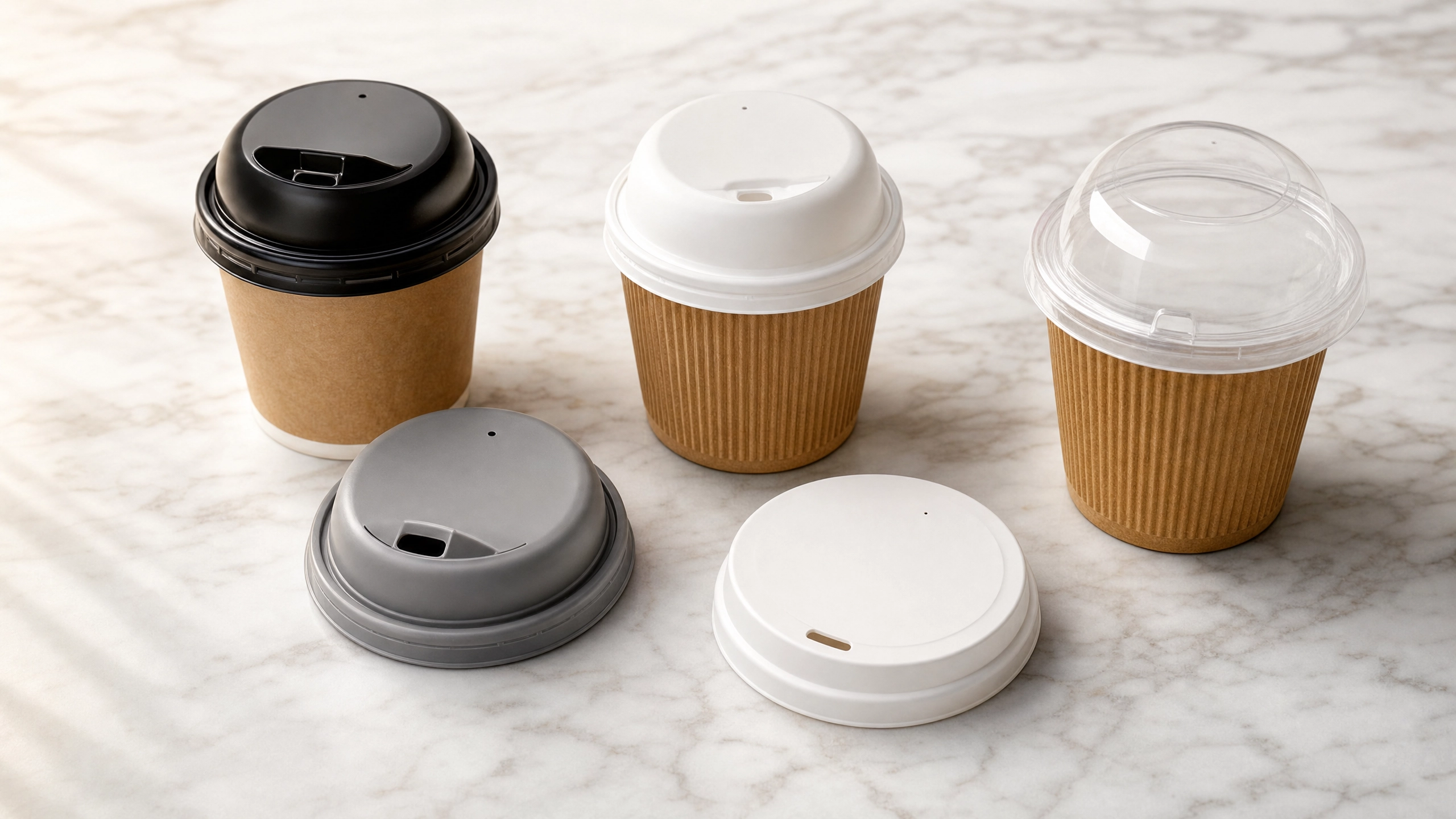 CupsPak cup lids collection — PS, PP, rPET, PLA and paper dome sipper lids for hot and cold drinks