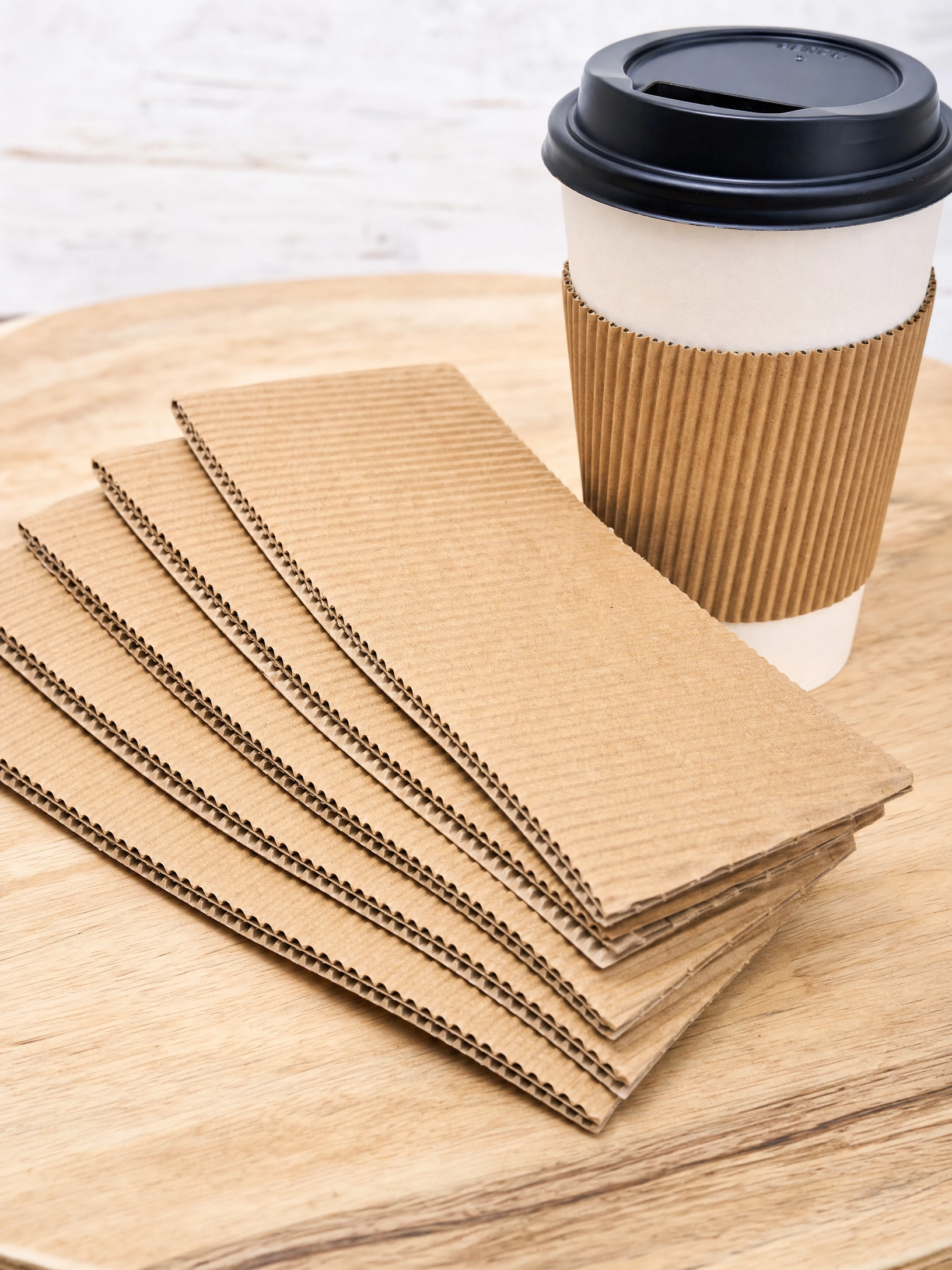 Corrugated kraft paper coffee cup sleeves stacked on a wooden table beside a white paper cup with black lid, showing ribbed texture