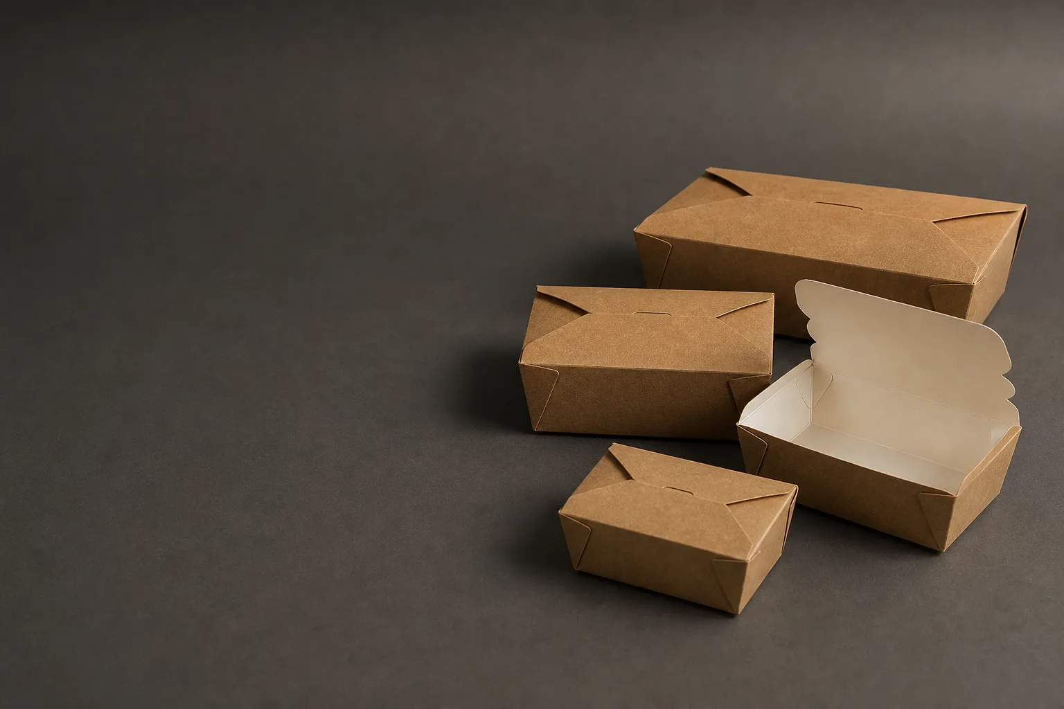 Nudelboxen aus Kraftkarton in drei Größen, eine geöffnet mit beschichteter Innenseite — Asiabox mit eingestecktem Faltdeckel von CupsPak