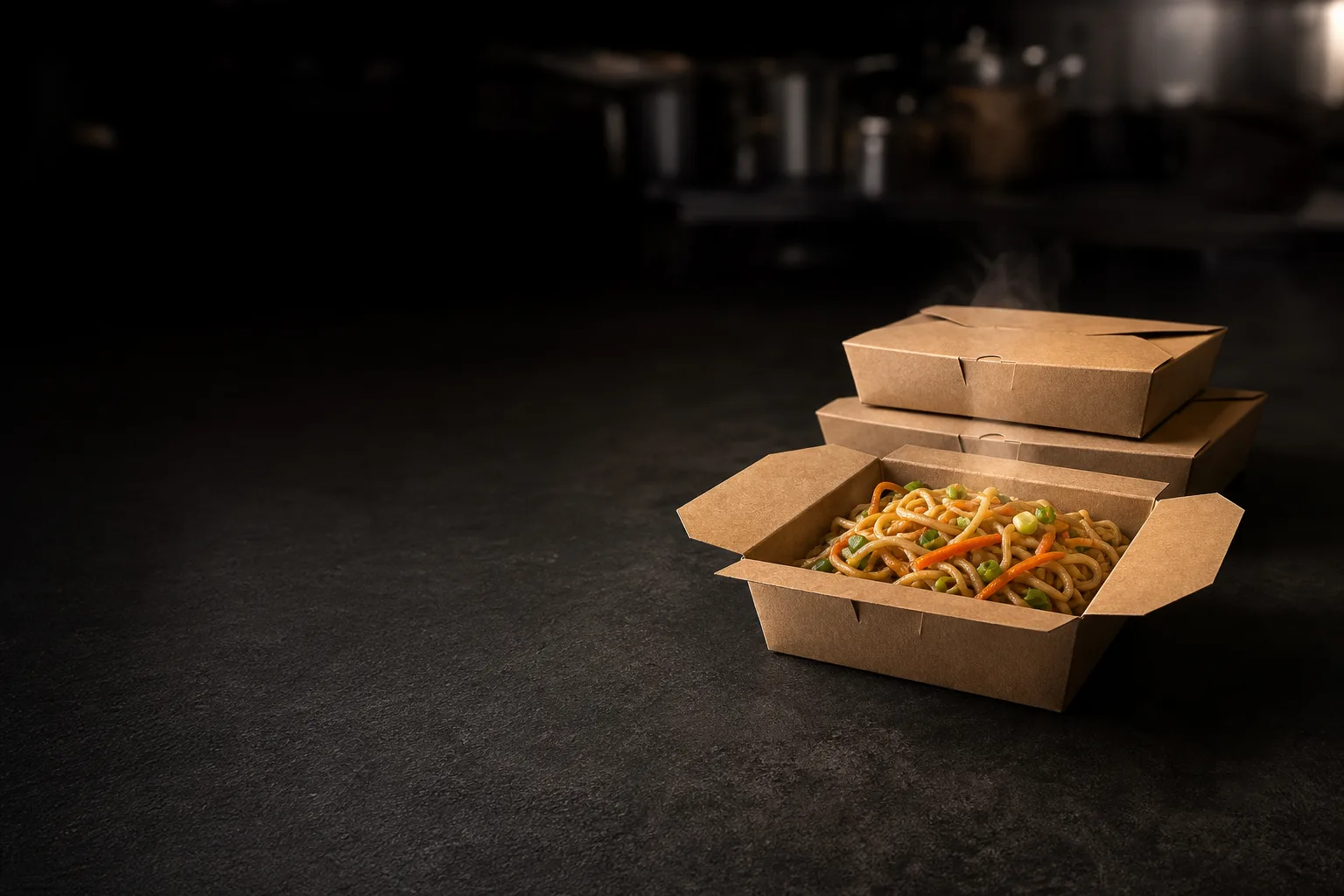 Geöffnete Nudelbox aus Kraftkarton mit Wok-Nudeln, daneben zwei geschlossene Asiaboxen mit Faltdeckel von CupsPak