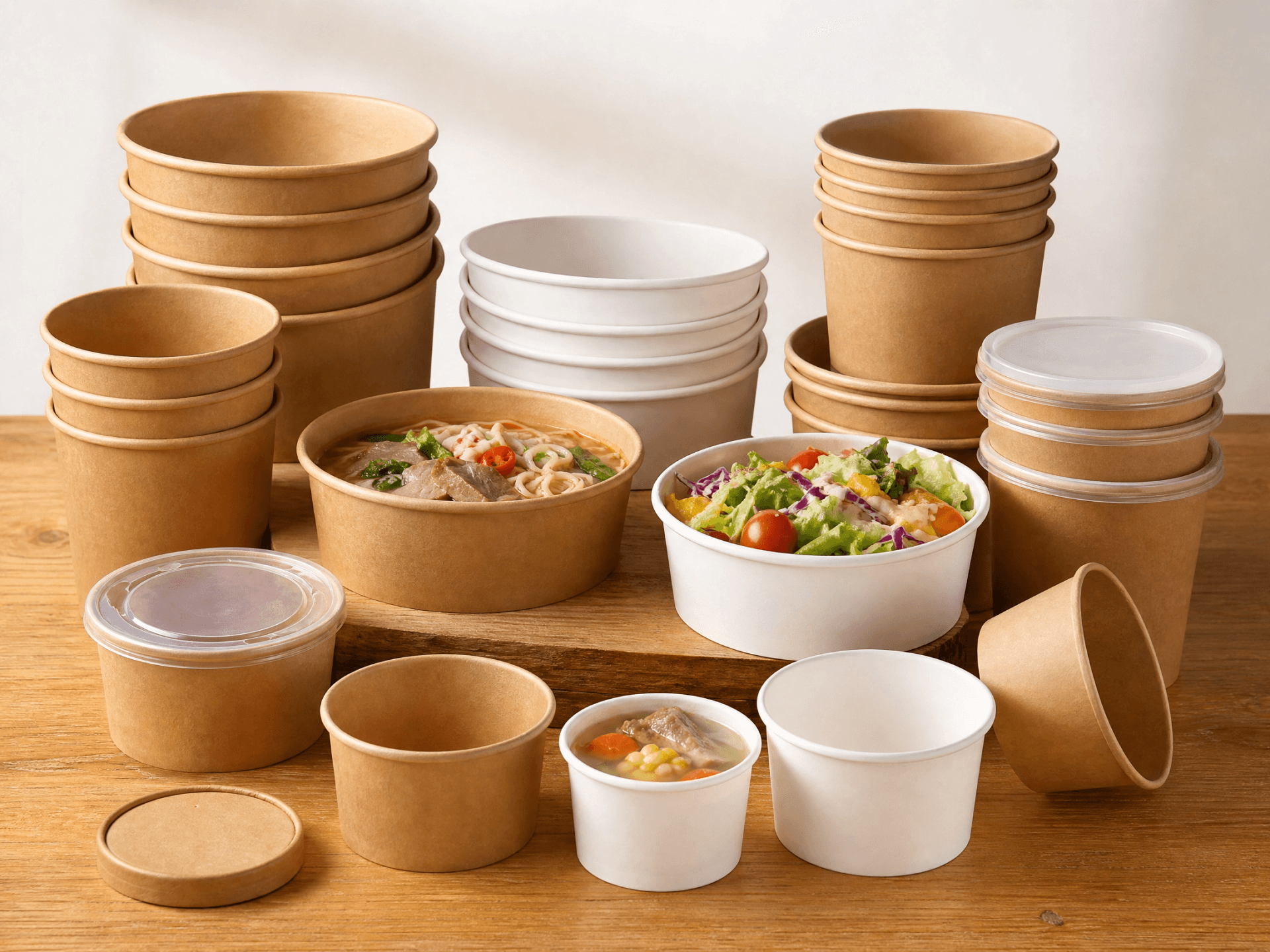 Paper soup bowls and salad bowls wholesale — kraft and white paper bowls in various sizes