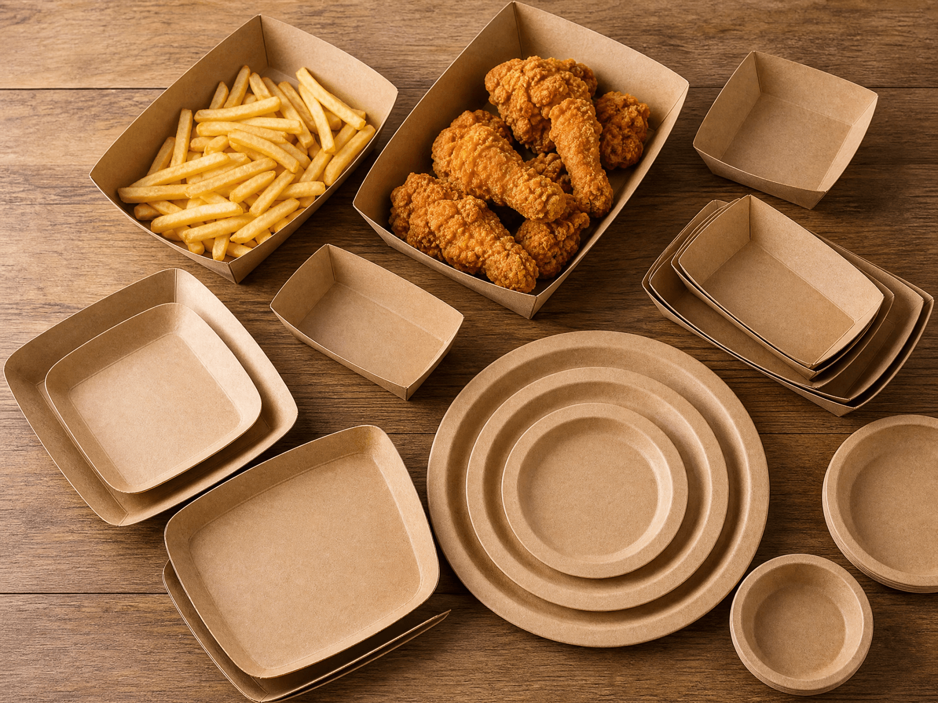 Paper food trays and plates wholesale — kraft paper trays with fries and paper plates