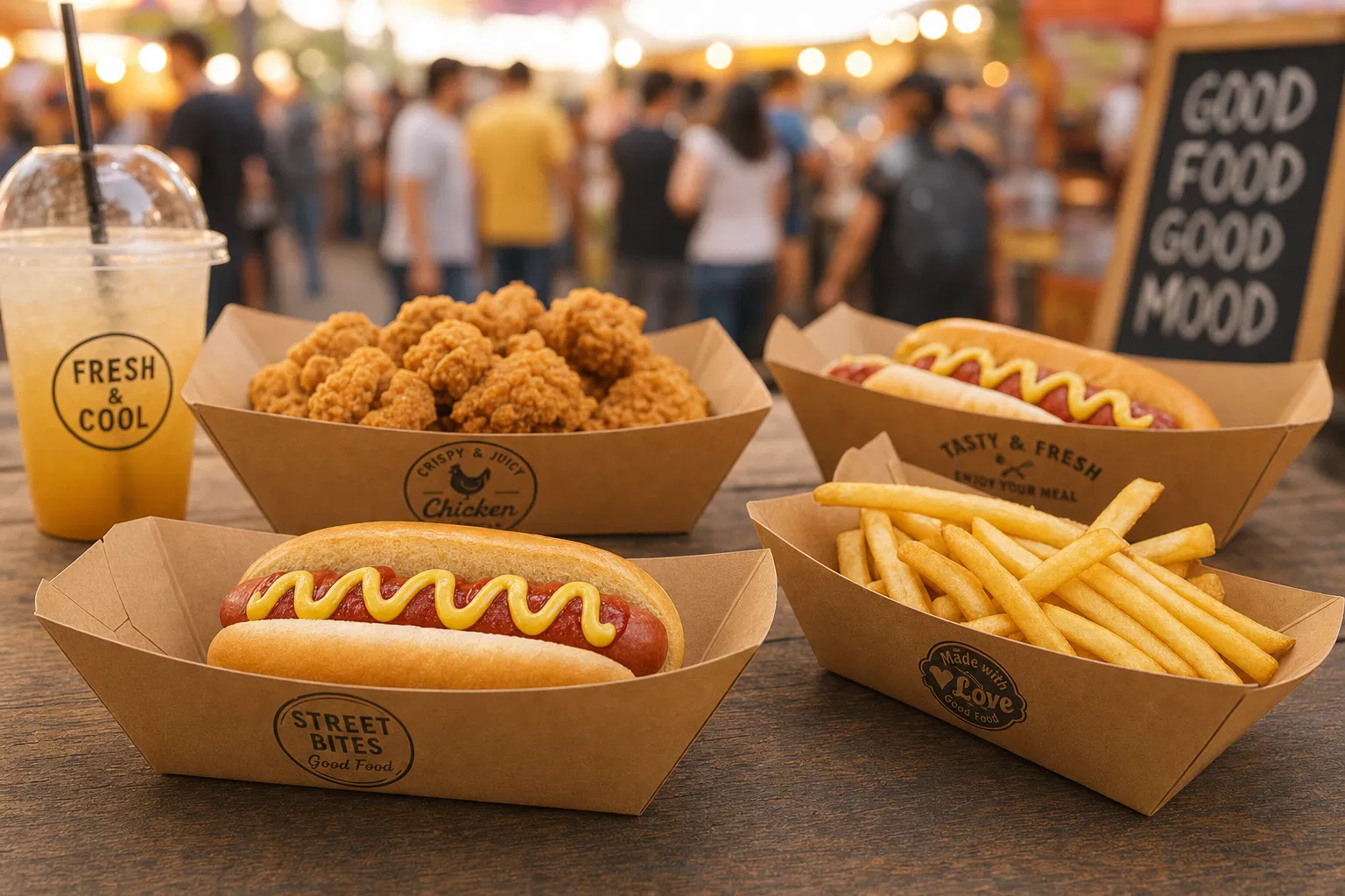 Kraft paper food trays holding hot dogs, french fries, and fried chicken at a street food market
