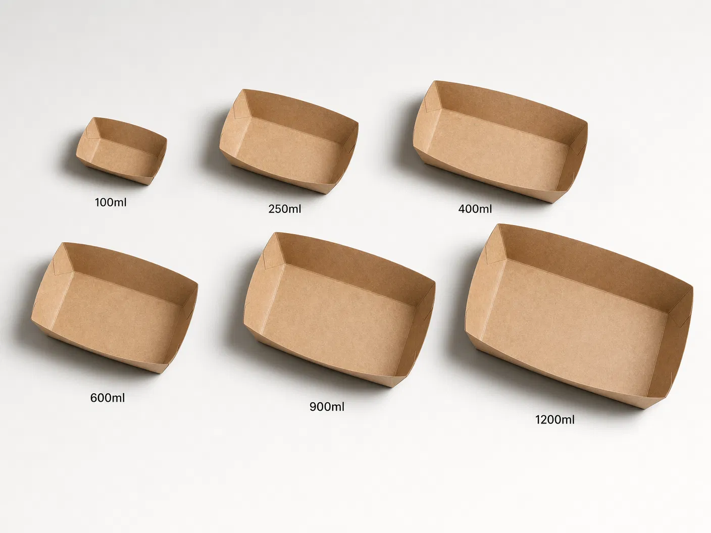 Six sizes of kraft paper food trays arranged from smallest #1 to largest #6, showing the open-top boat shape