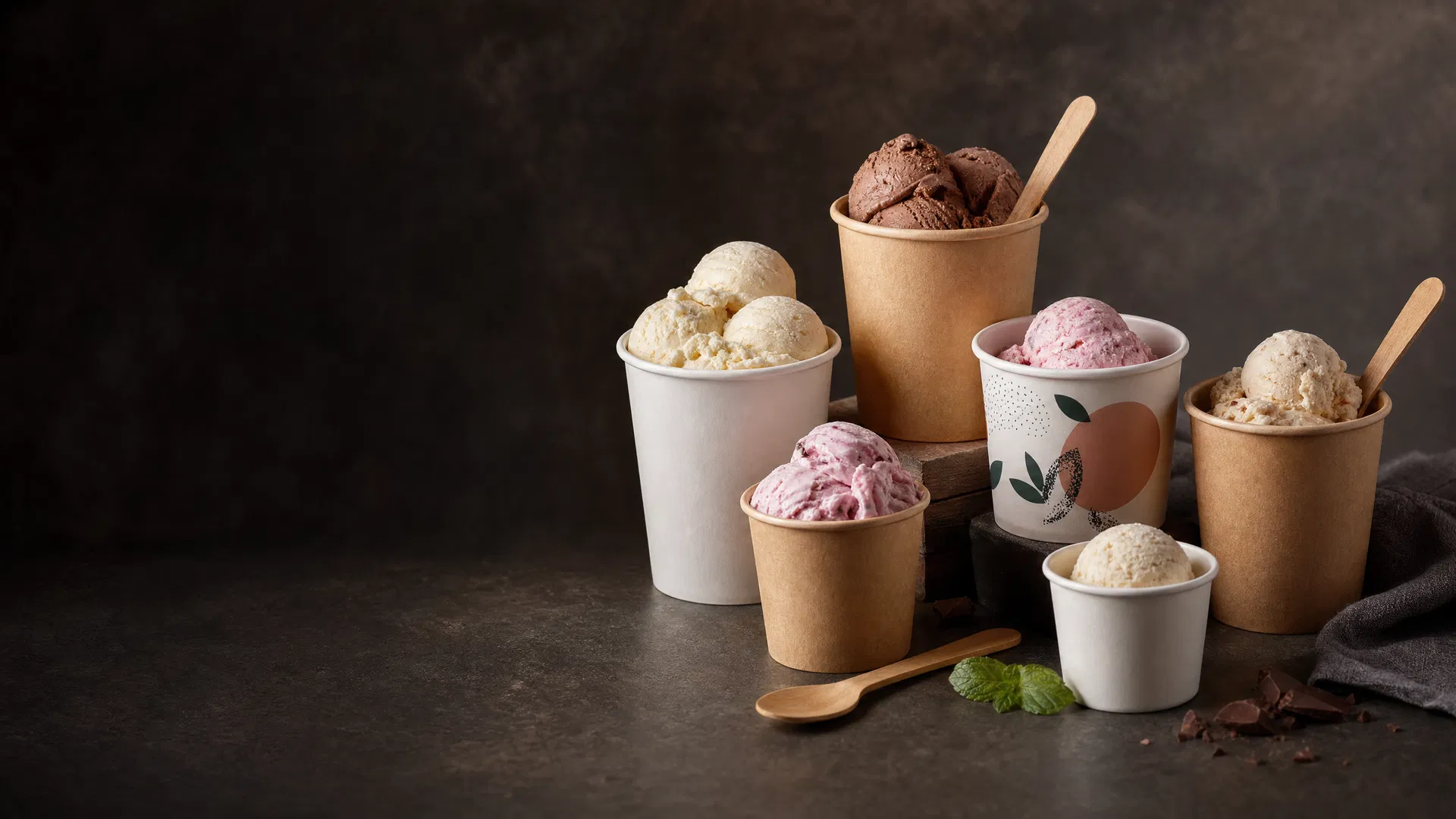 Disposable paper ice cream cups — kraft and white, 2oz to 20oz, dome lid compatible