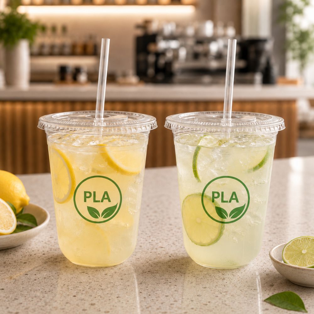 400ml U-shape PLA compostable cold cups, 89mm diameter, lemon and lime drinks, PLA logo