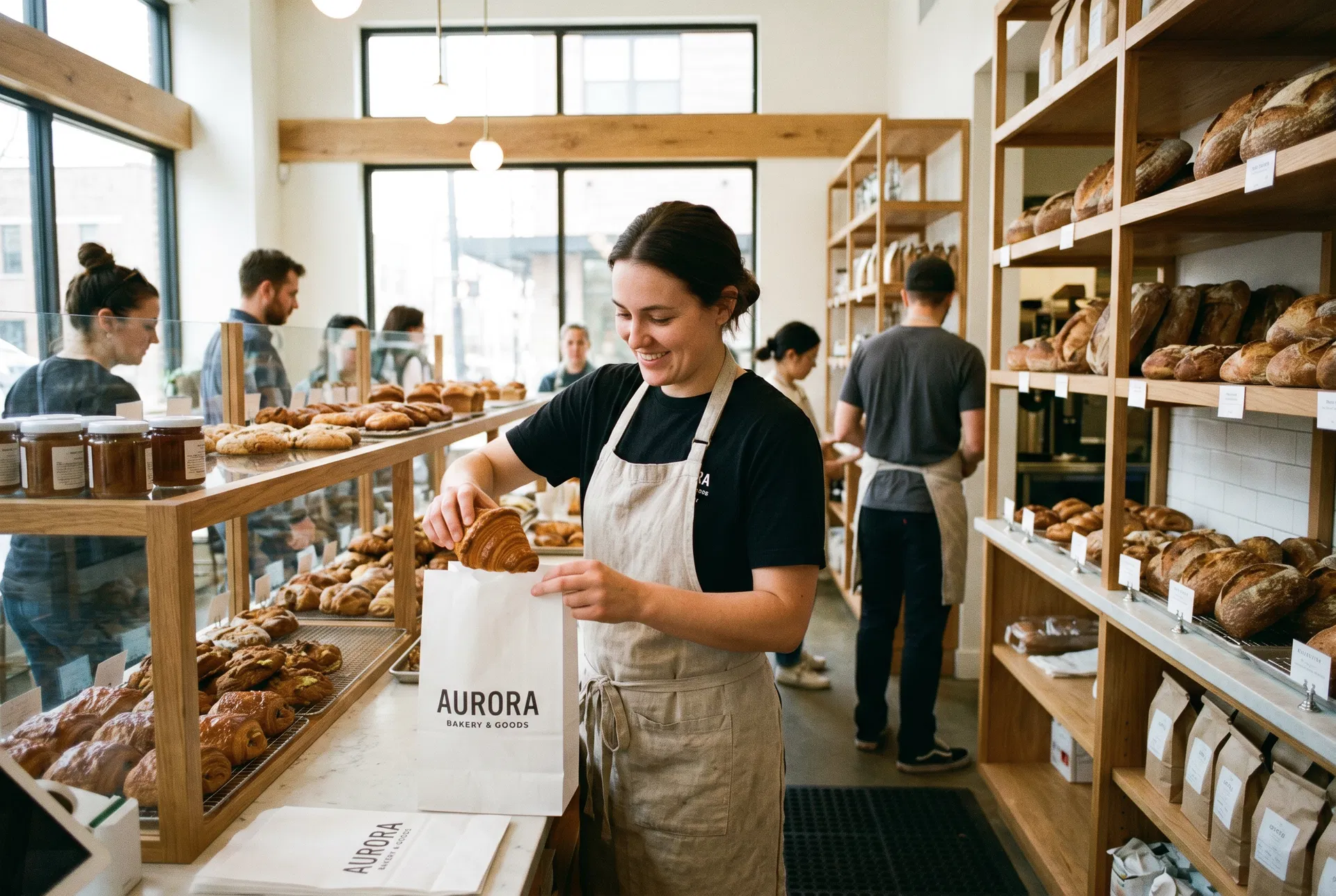 Retail bakery with custom branded paper bags and packaging on display