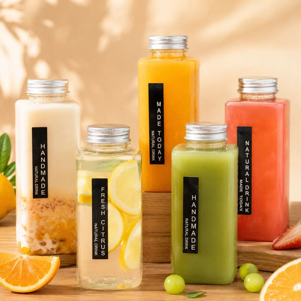 Labeled PET juice bottles in a three-size lineup filled with fresh juices — CupsPak production bottles