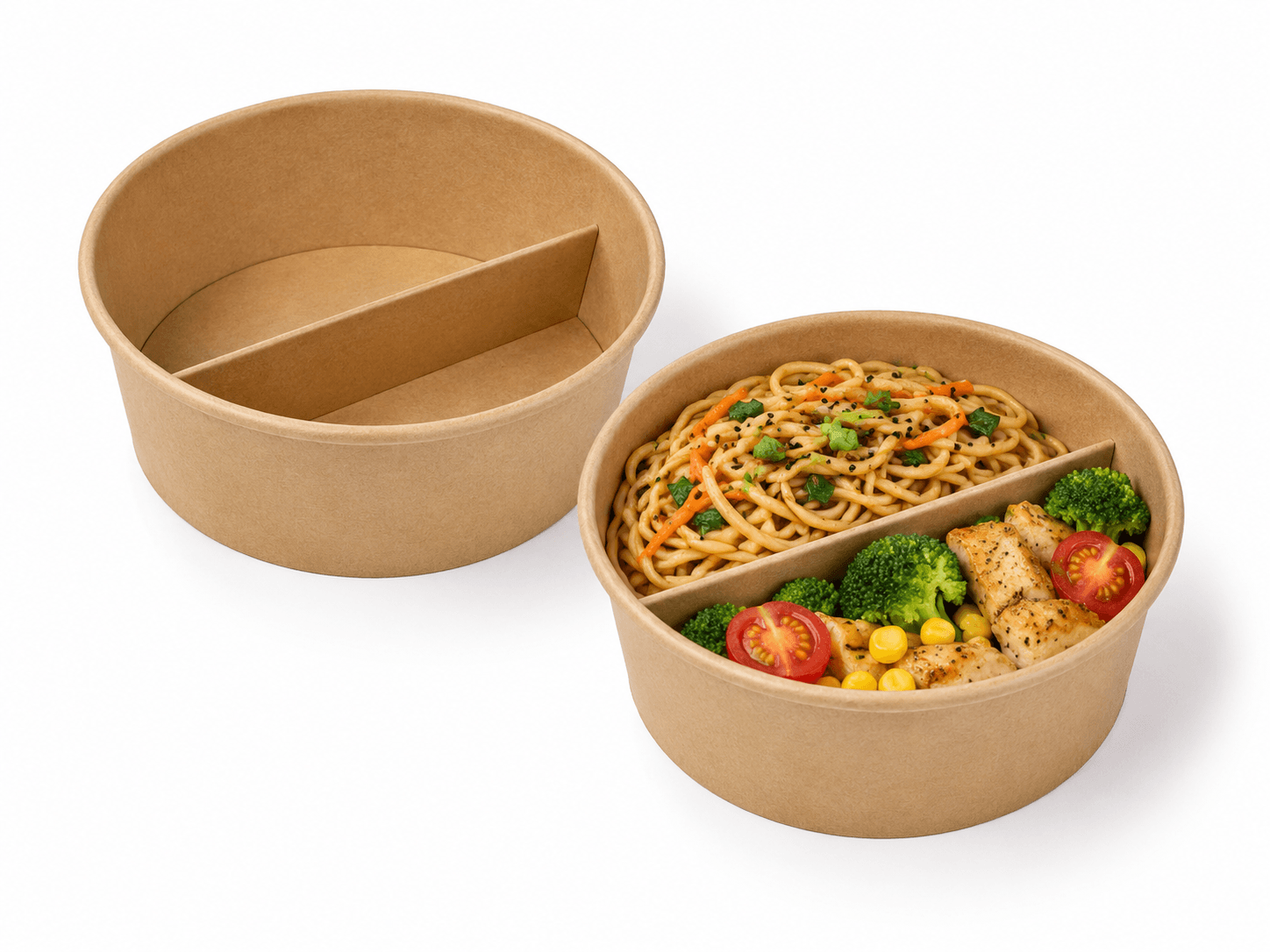Round kraft paper bento boxes with 2-compartment divider — one empty showing internal divider, one filled with noodles, broccoli and chicken, 500ml to 1300ml disposable food container