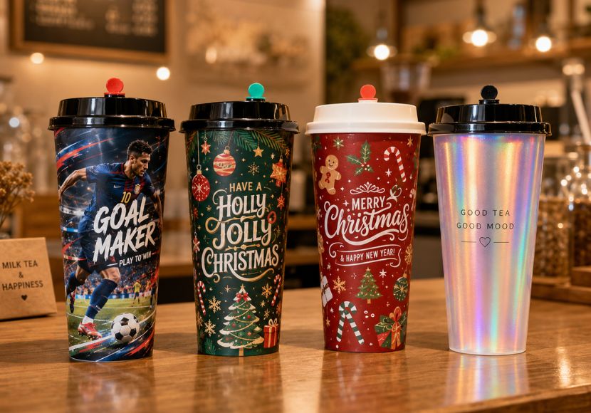 IML PP injection cups wholesale — in-mold label full-color custom printed cups, 90mm wide-mouth, photographic quality, permanent label, MOQ 50,000 pcs/size, CupsPak IML cup supplier