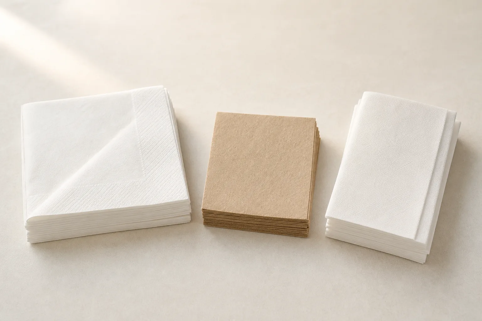 Three stacks of unprinted paper napkins side by side: a quarter-folded white 2-ply dinner napkin, a kraft brown 1-ply cocktail napkin, and a white interfolded dispenser napkin