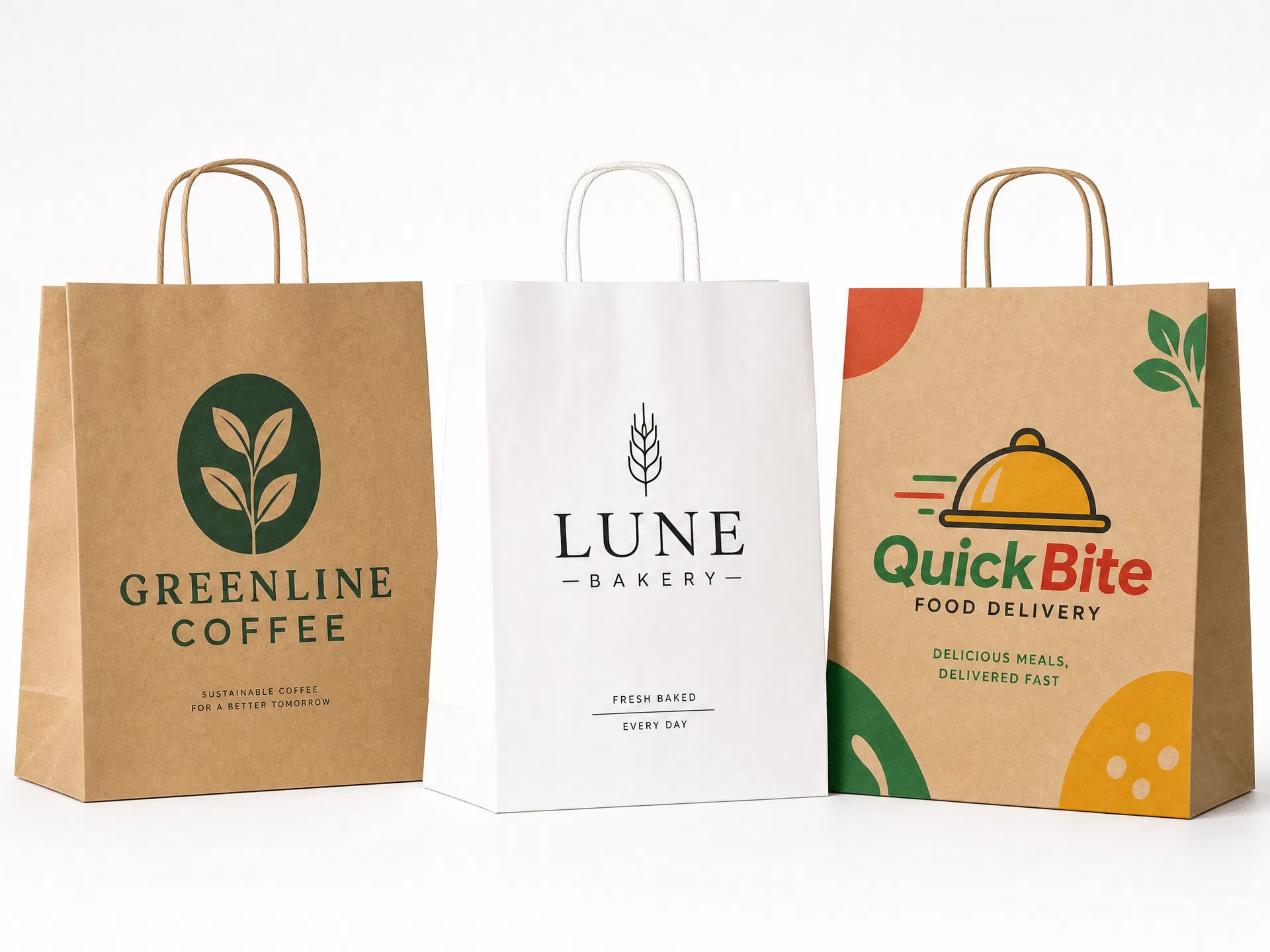 Three printed kraft carrier bags side by side: a two-color mark on brown kraft, a fine-line logo on a white bag, and a full-color design on brown
