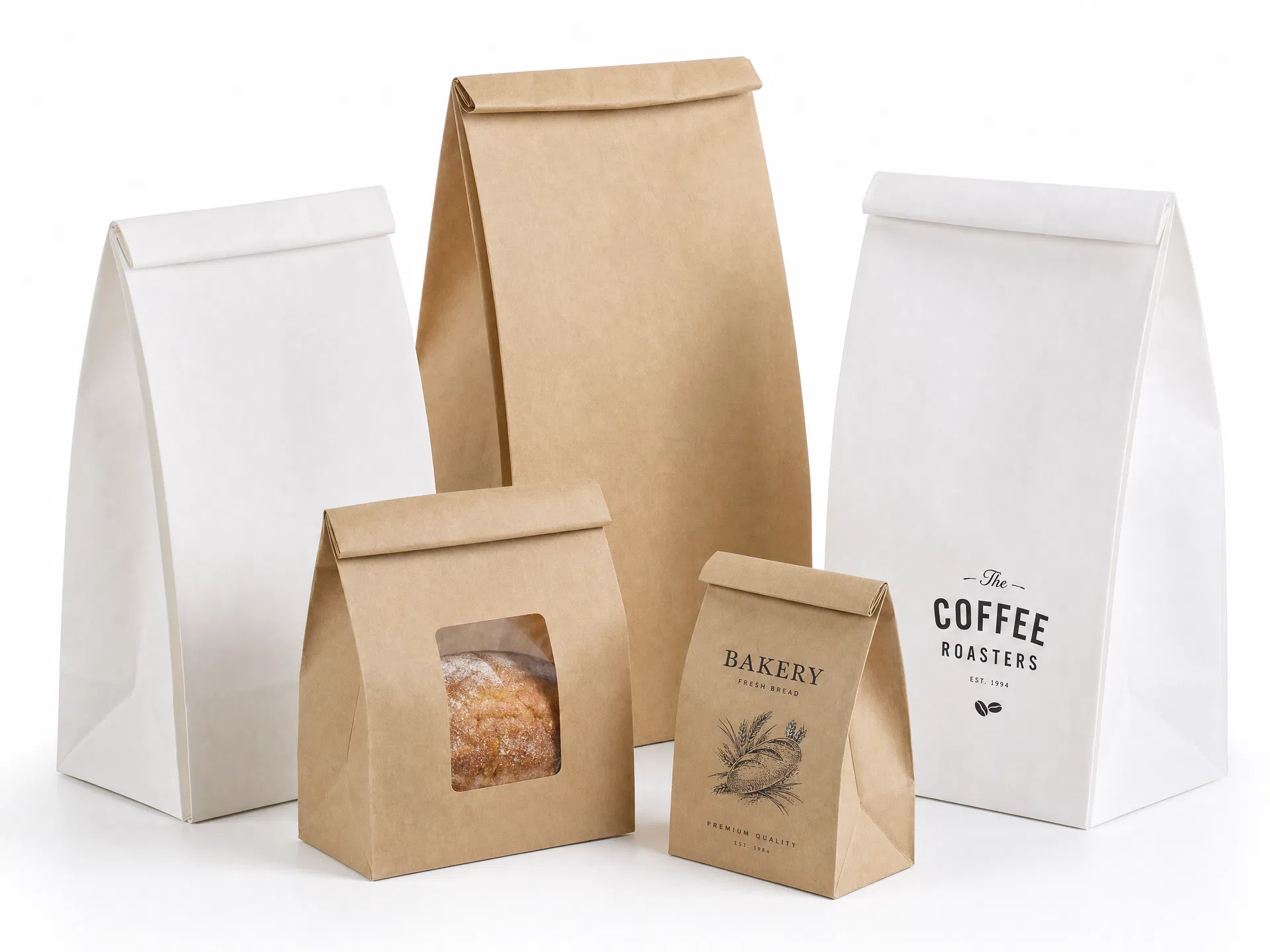 Flat bottom SOS kraft paper bags standing upright with square bases, CupsPak bakery packaging