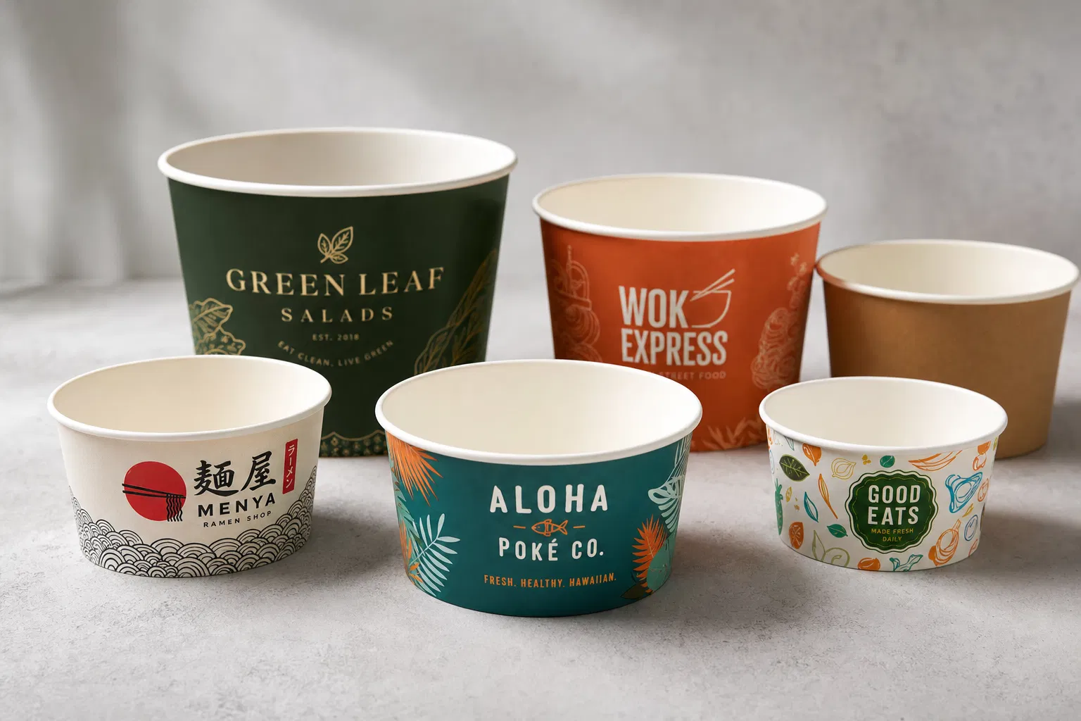 Custom branded paper bowls with full-color printing — ramen, poke, salad, and kraft designs by CupsPak