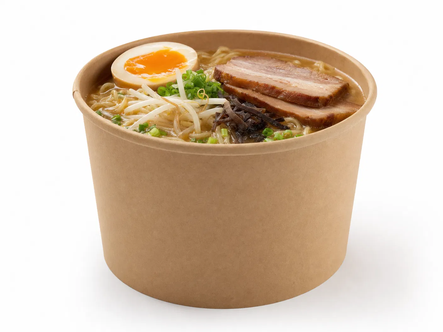 Tiefe Take-away-Schale aus Kraftkarton mit Ramen und Brühe gefüllt