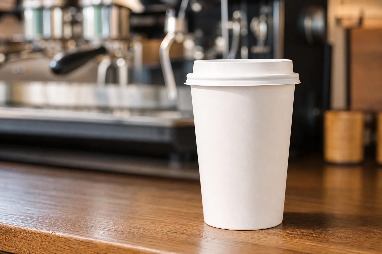 Blank white 12 oz double wall paper coffee cup with a white flat lid on a cafe counter in front of an espresso machine