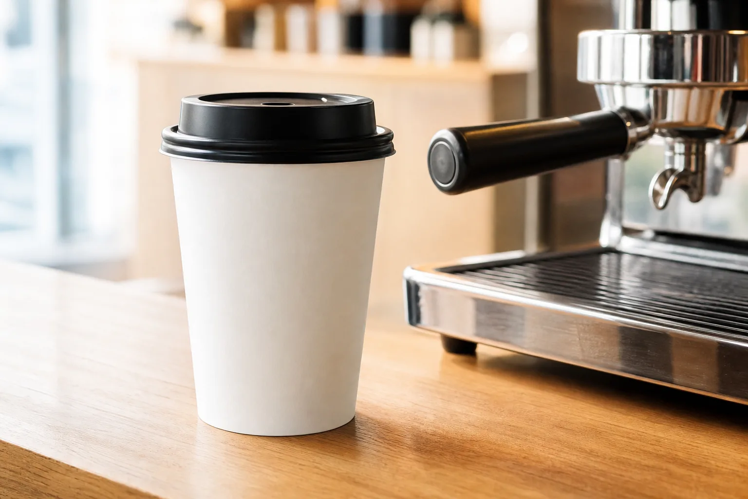 Blank white 8 oz single wall paper coffee cup with a black flat sip-through lid on a cafe counter beside an espresso machine