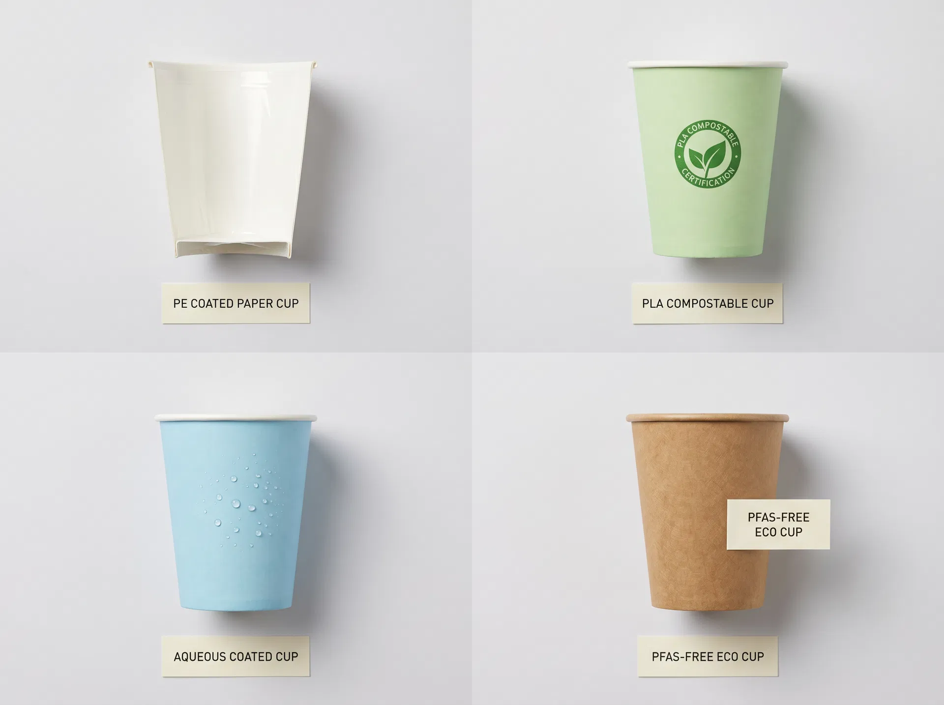 PE, PLA and aqueous coated cups shown side by side