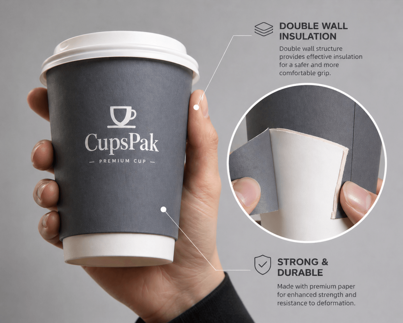 Double wall insulated paper cups — two-layer construction, 6oz to 22oz