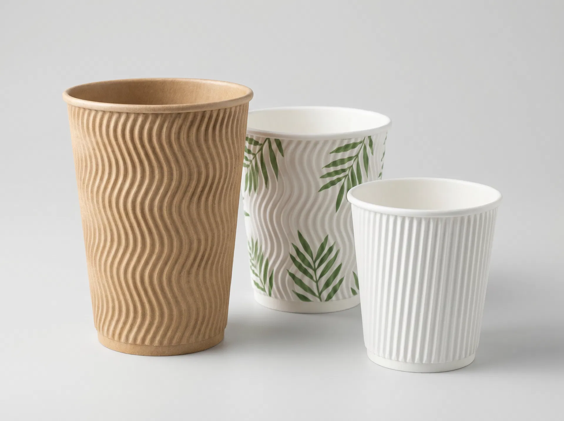 Ripple wall paper cups — corrugated kraft texture, natural grip, 6oz to 20oz