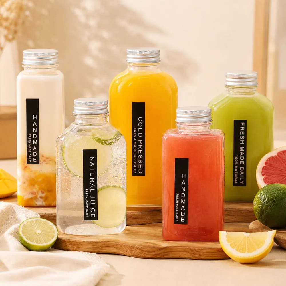 Square clear PET juice bottles wholesale — square plastic beverage bottles for premium cold press juice brands, BPA-free food-grade, 250ml to 500ml, CupsPak square PET bottle supplier