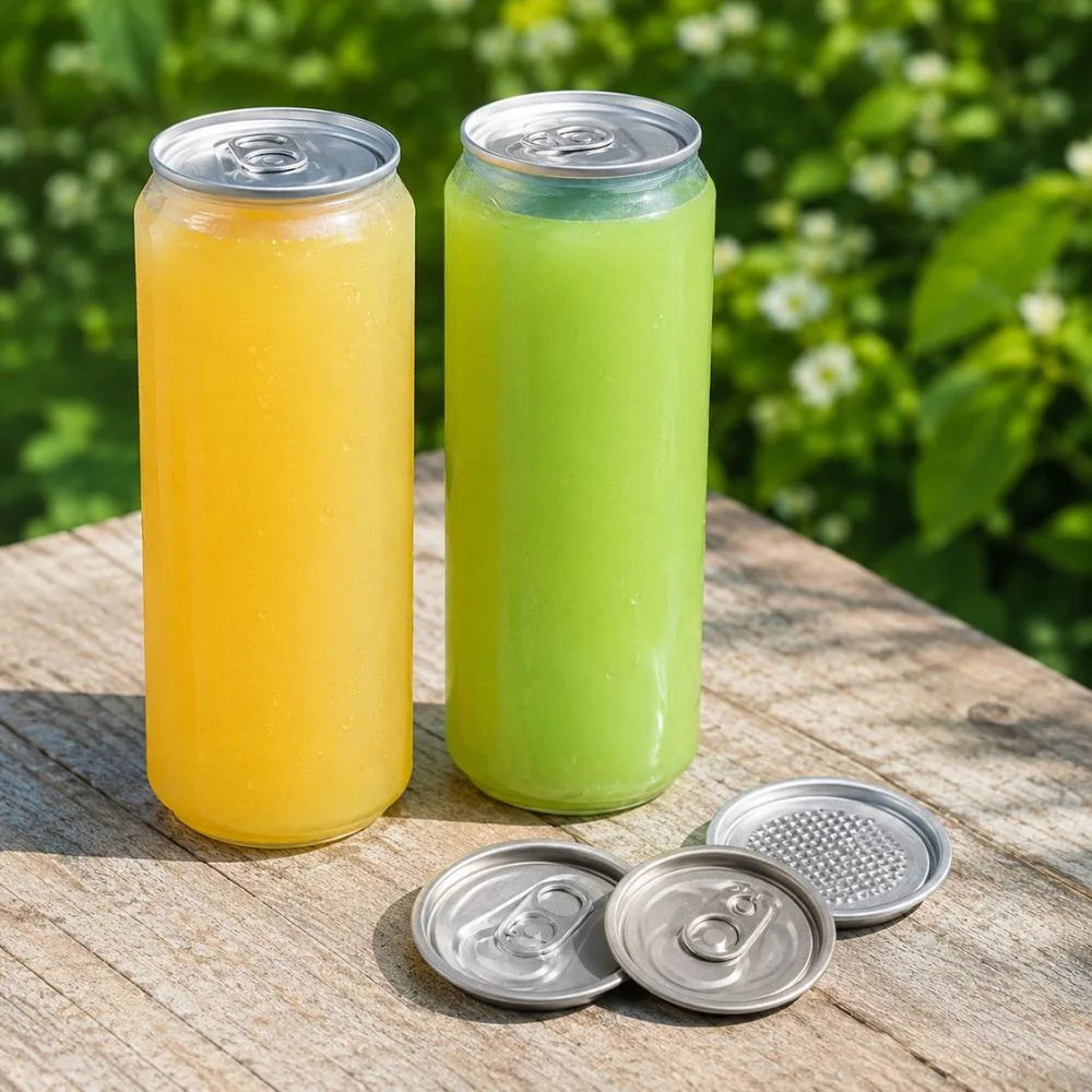 Three aluminum ring-pull end styles laid out next to a clear PET drink can — lid options for plastic soda cans, CupsPak