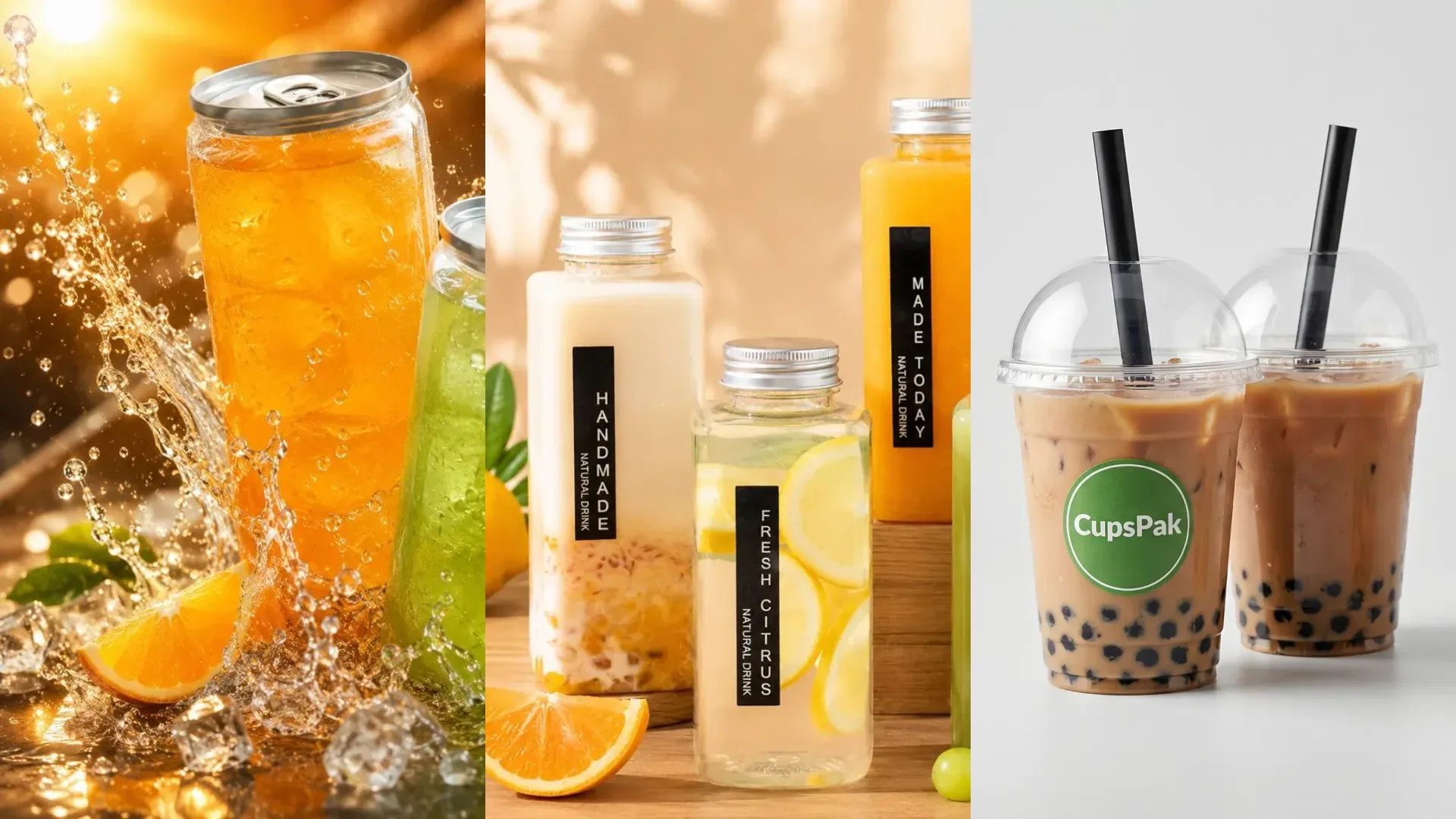 Clear PET drink cans, PET juice bottles, and cold cups compared side by side, CupsPak format guide