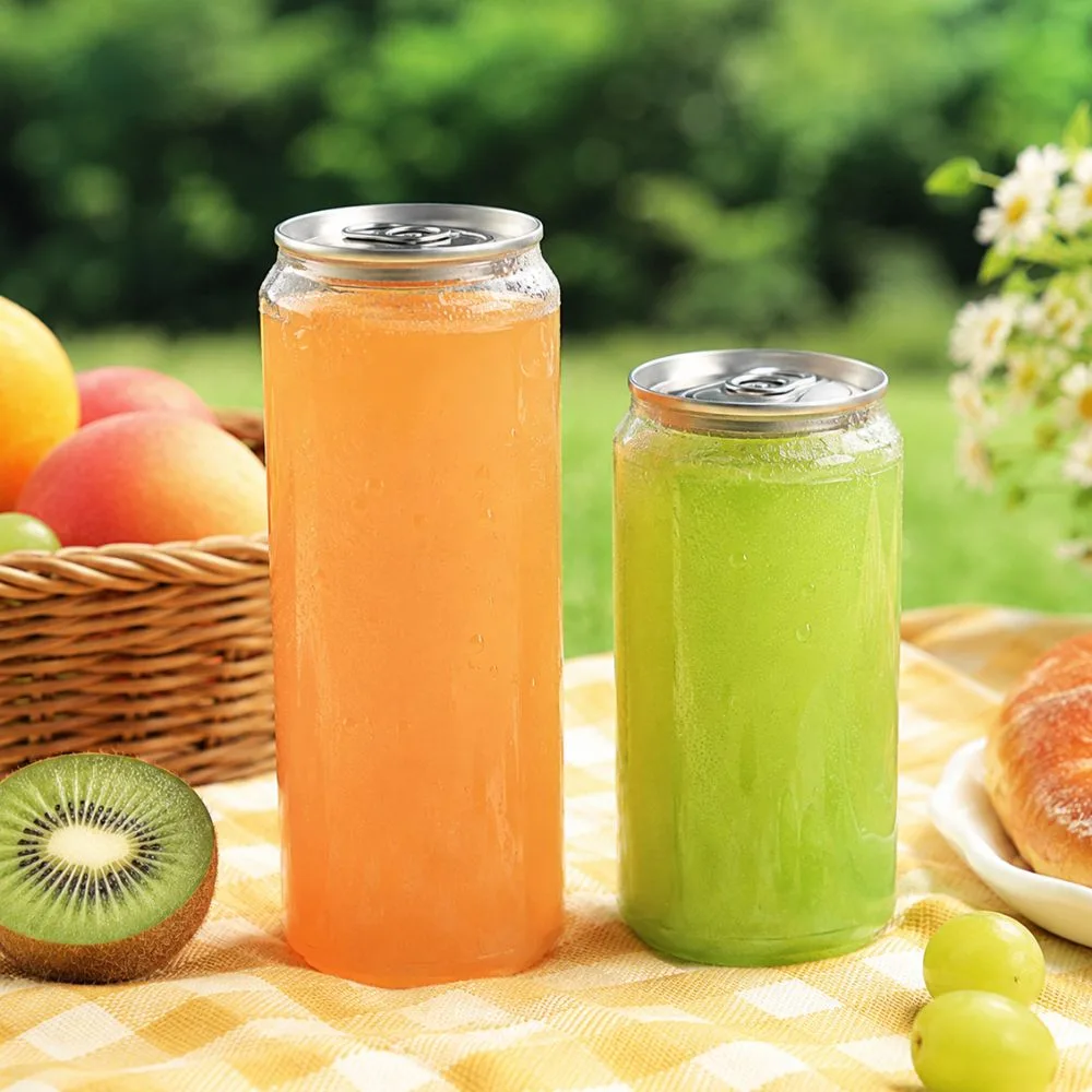 Clear PET drink cans with ring pull ends holding fruit drinks at an outdoor picnic, CupsPak