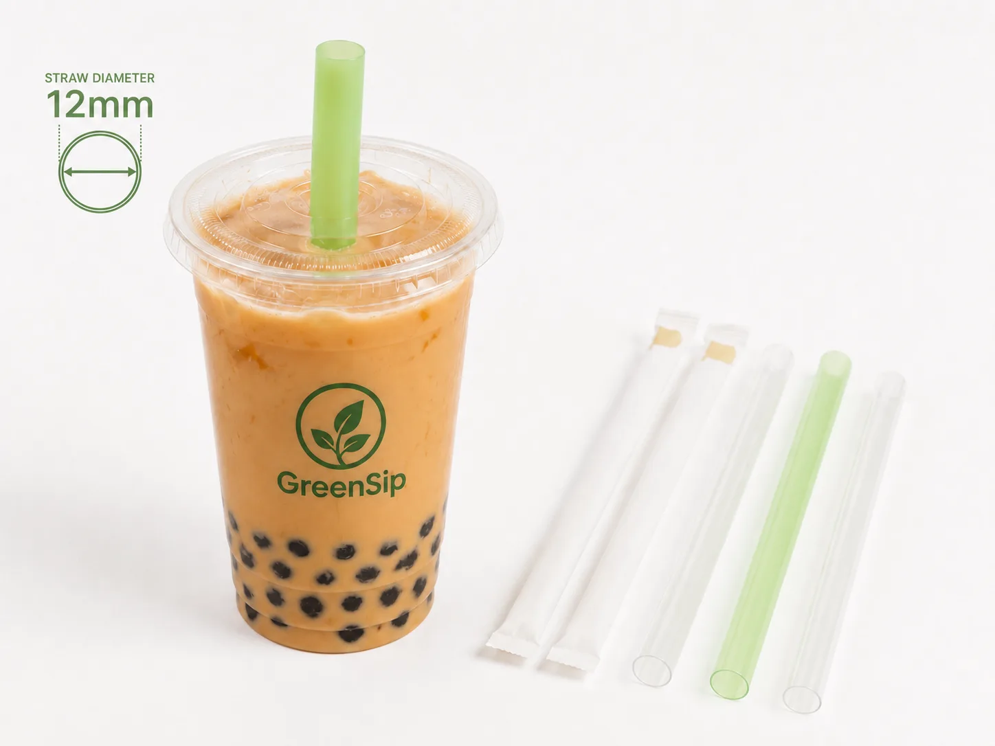 Wide 12mm PLA straw in a bubble tea cup with tapioca pearls beside individually wrapped clear and green PLA boba straws — CupsPak PLA straw supplier