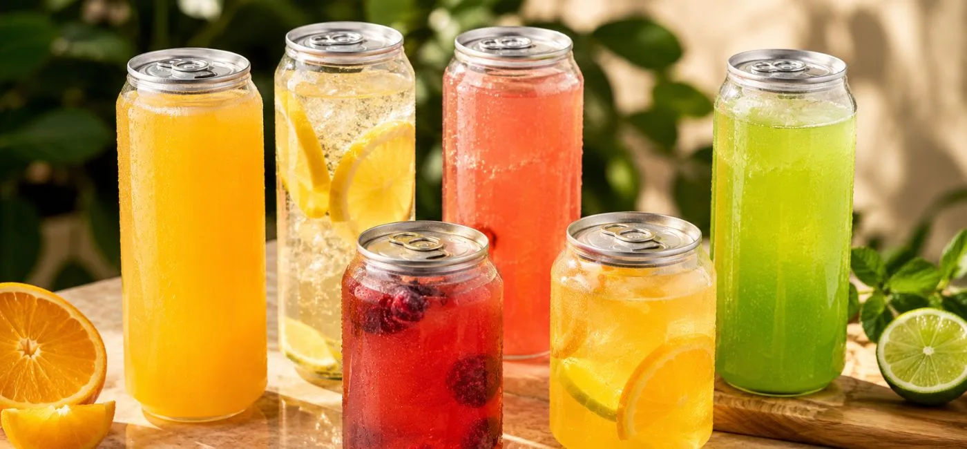 Clear PET plastic soda cans with aluminum ring-pull lids filled with colorful drinks — CupsPak