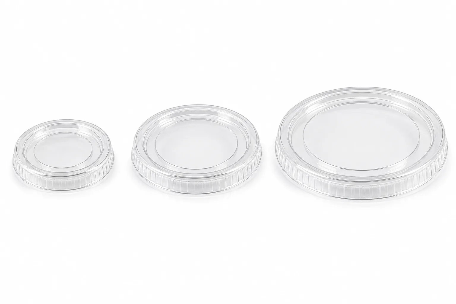 Three clear PET flat lids for portion cups in Φ45mm, Φ62mm and Φ74mm diameters, CupsPak