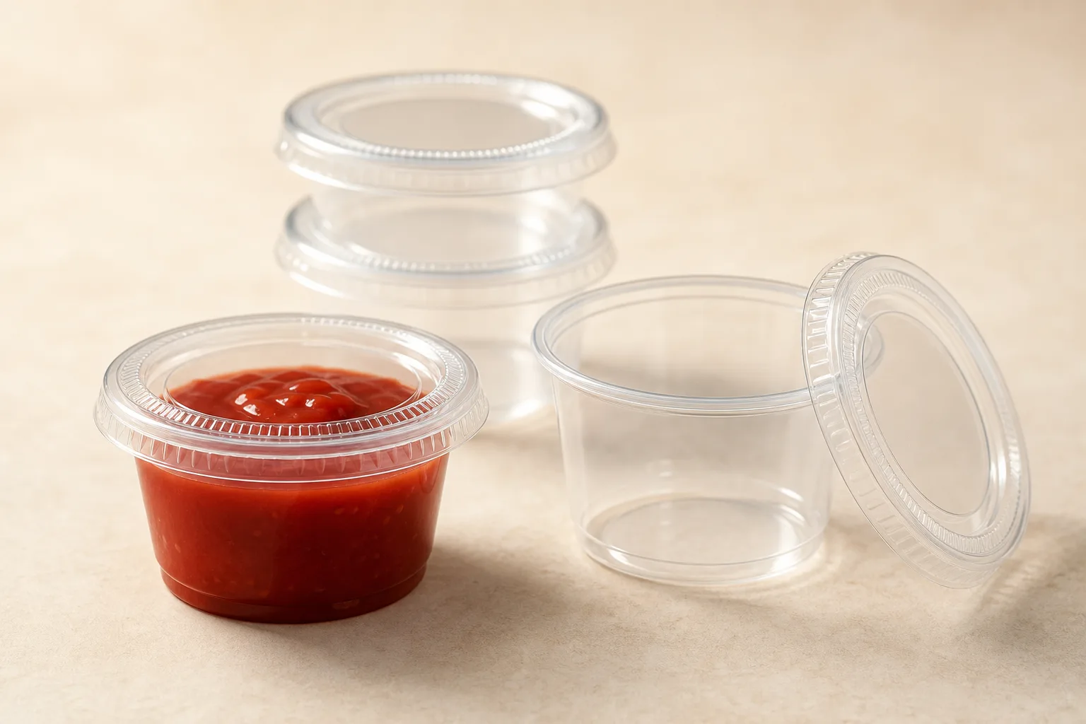 Clear PP portion cups: one filled with sauce and lidded, one open with its PET lid alongside, CupsPak