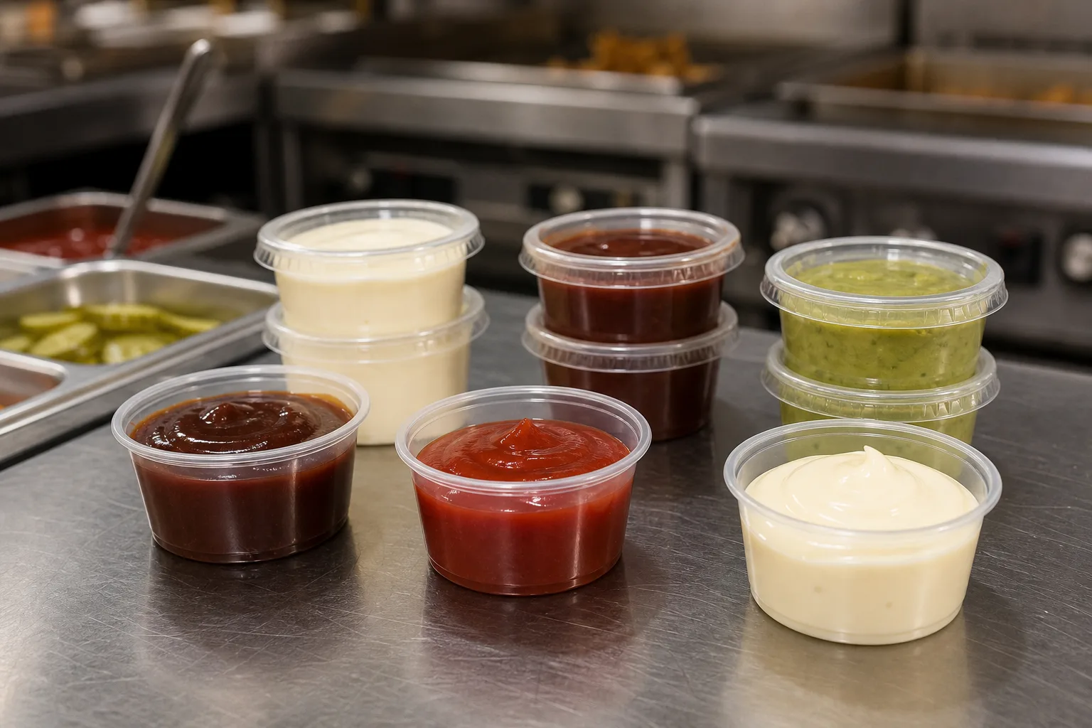Clear portion cups filled with ketchup, mayonnaise, barbecue sauce and guacamole on a stainless steel prep counter, some lidded and some open