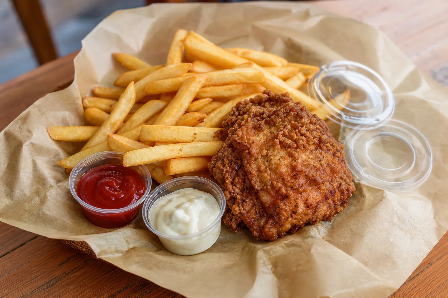 Clear portion cups holding ketchup and garlic dip beside fries and fried chicken on kraft paper, CupsPak