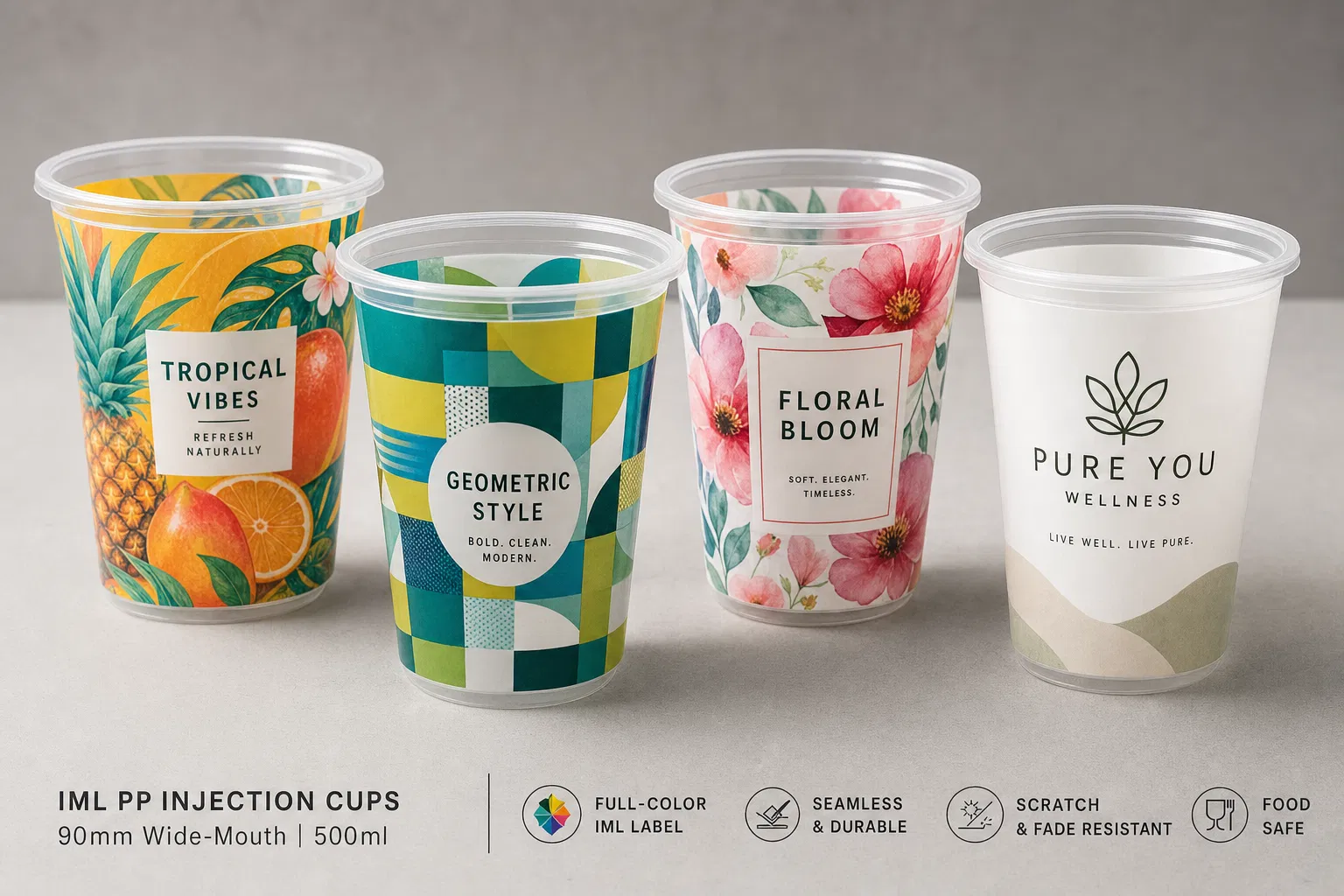 PP injection cups with photo-quality IML and offset printed designs, CupsPak