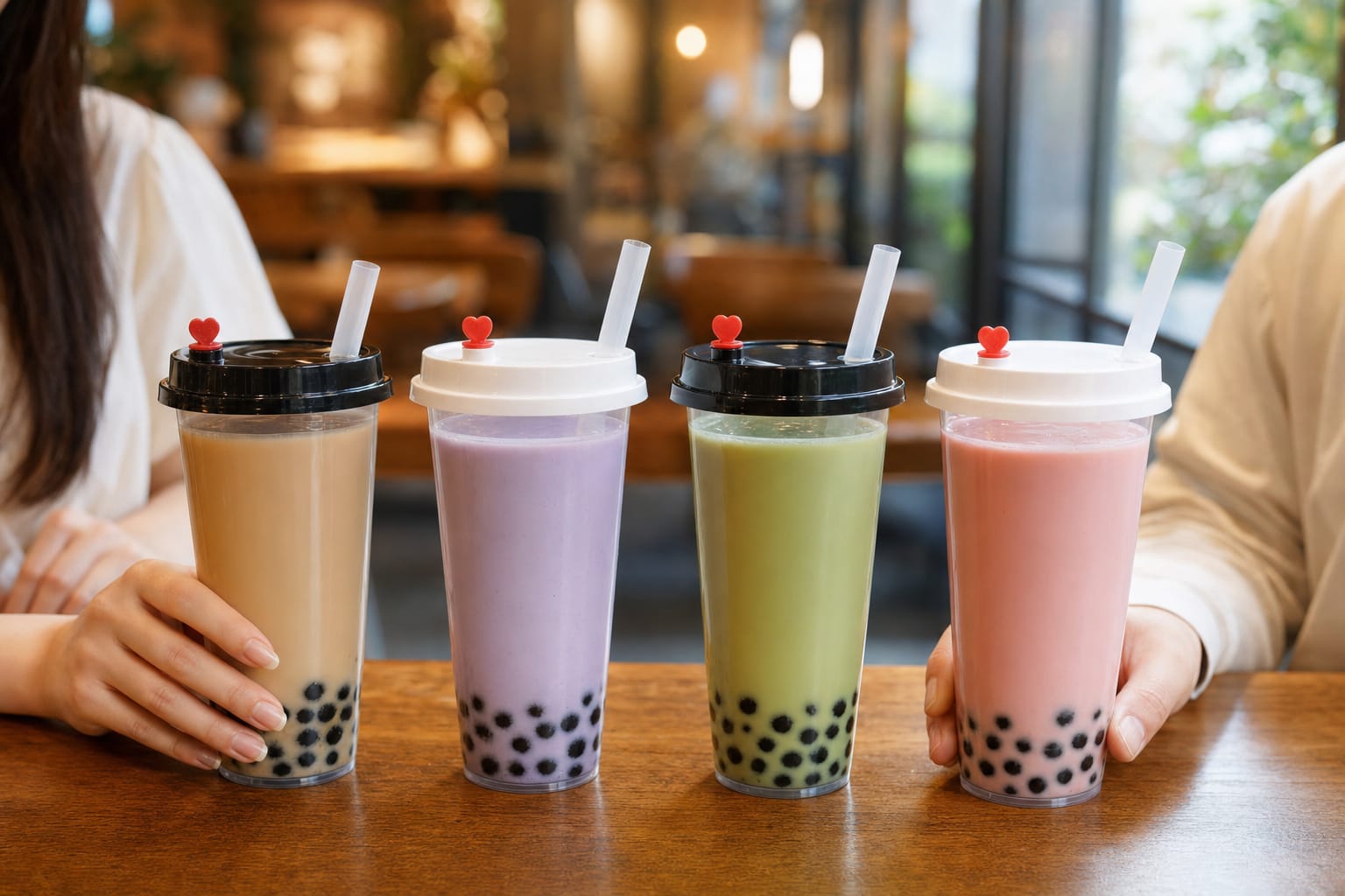 4 clear PP injection bubble tea cups with flat lids and red heart stoppers, filled with colorful milk tea drinks on a cafe table