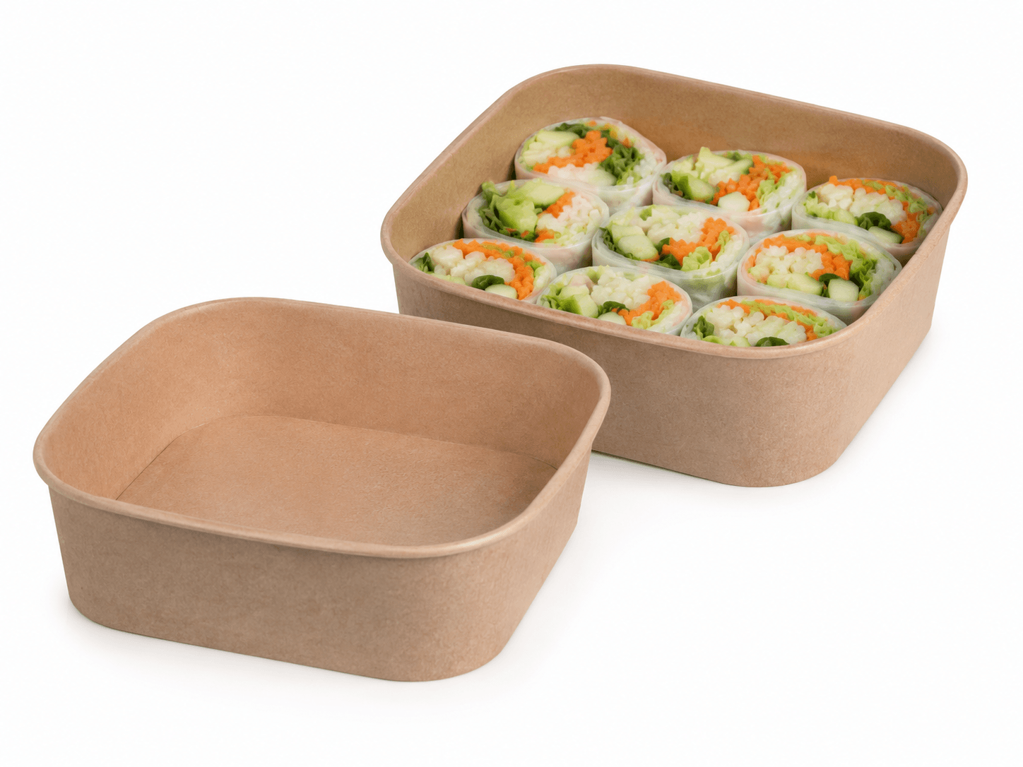Square kraft paper bento boxes — two sizes shown, one filled with fresh spring rolls, disposable food container 500ml to 1000ml for sushi, meal prep, and healthy food brands