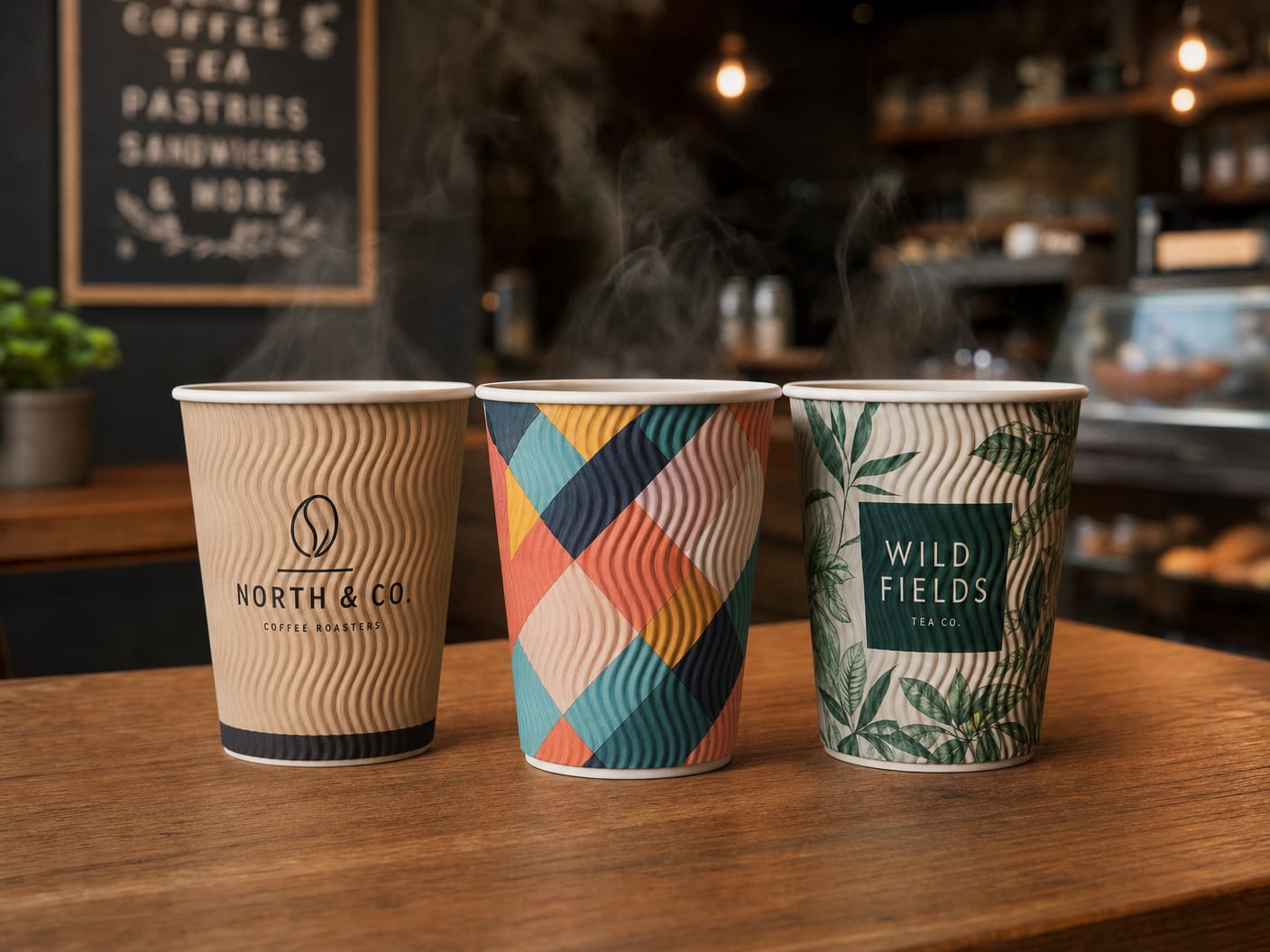 Custom printed ripple wall paper cups showing how ink renders on textured kraft-style board, CupsPak