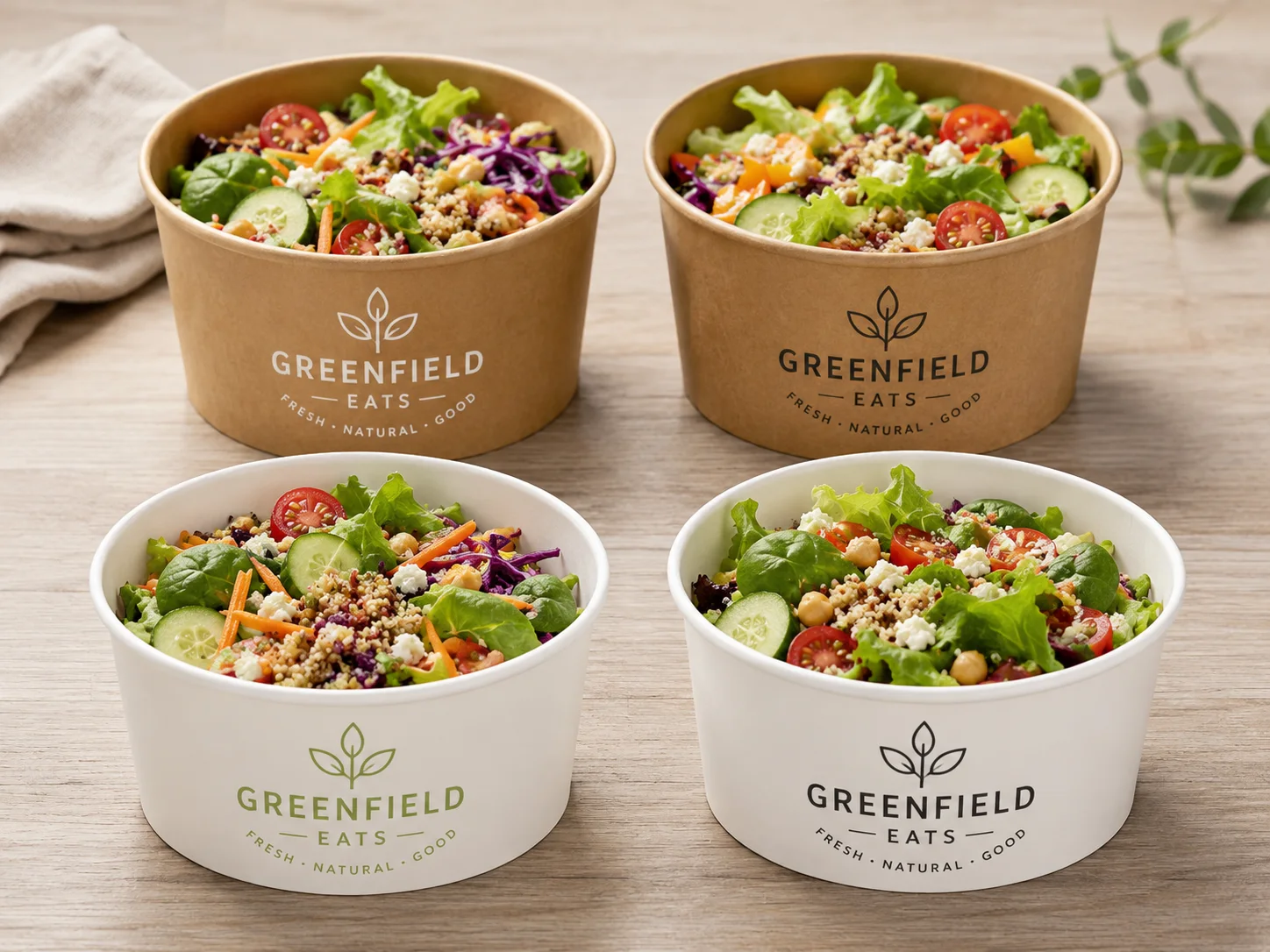 The same logo printed four ways on paper salad bowls: light and dark artwork on kraft, light and dark artwork on white: CupsPak