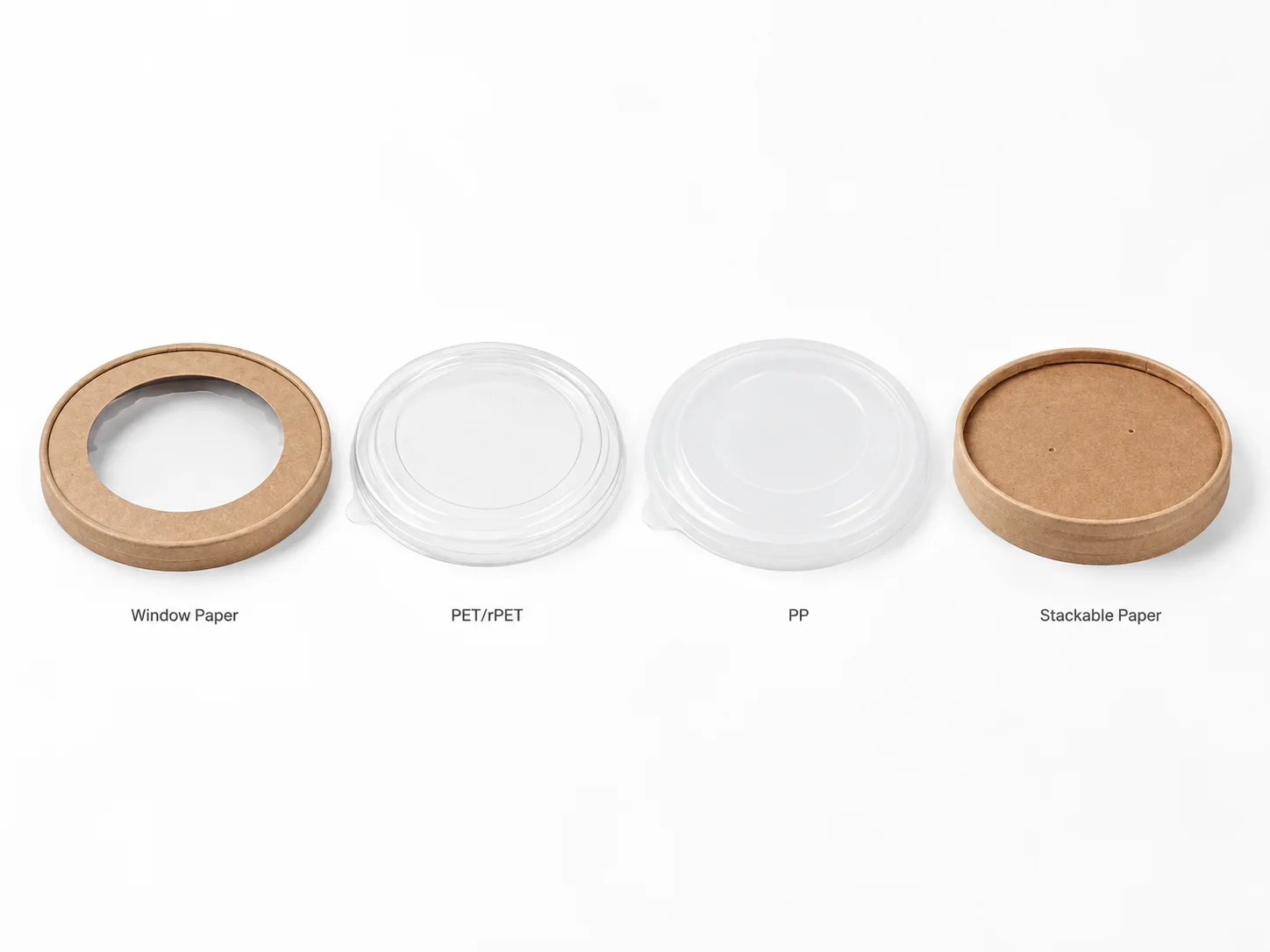 Four lid types for paper salad bowls side by side: window paper, PET or rPET, PP, and stackable paper: CupsPak