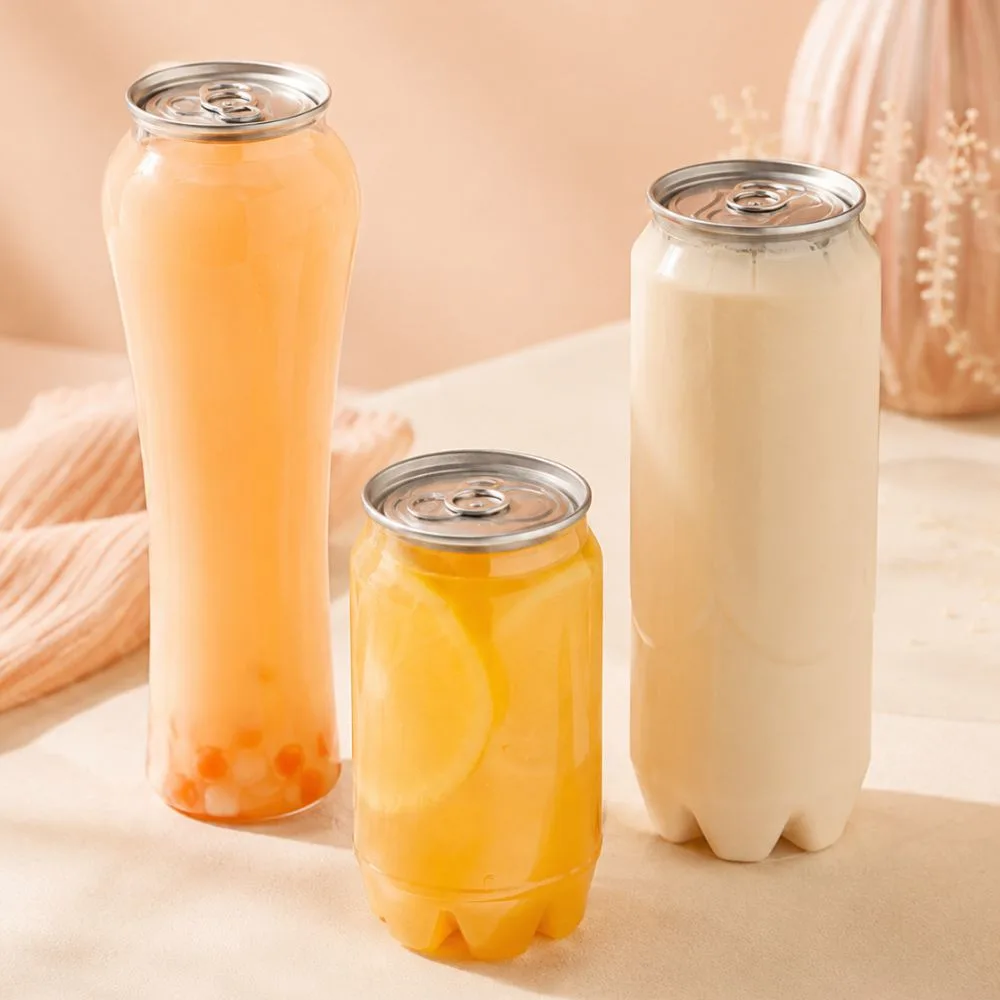 Shaped-body clear plastic cans with ring-pull lids — vase-profile and contoured-bottom PET drink cans for bubble tea, CupsPak
